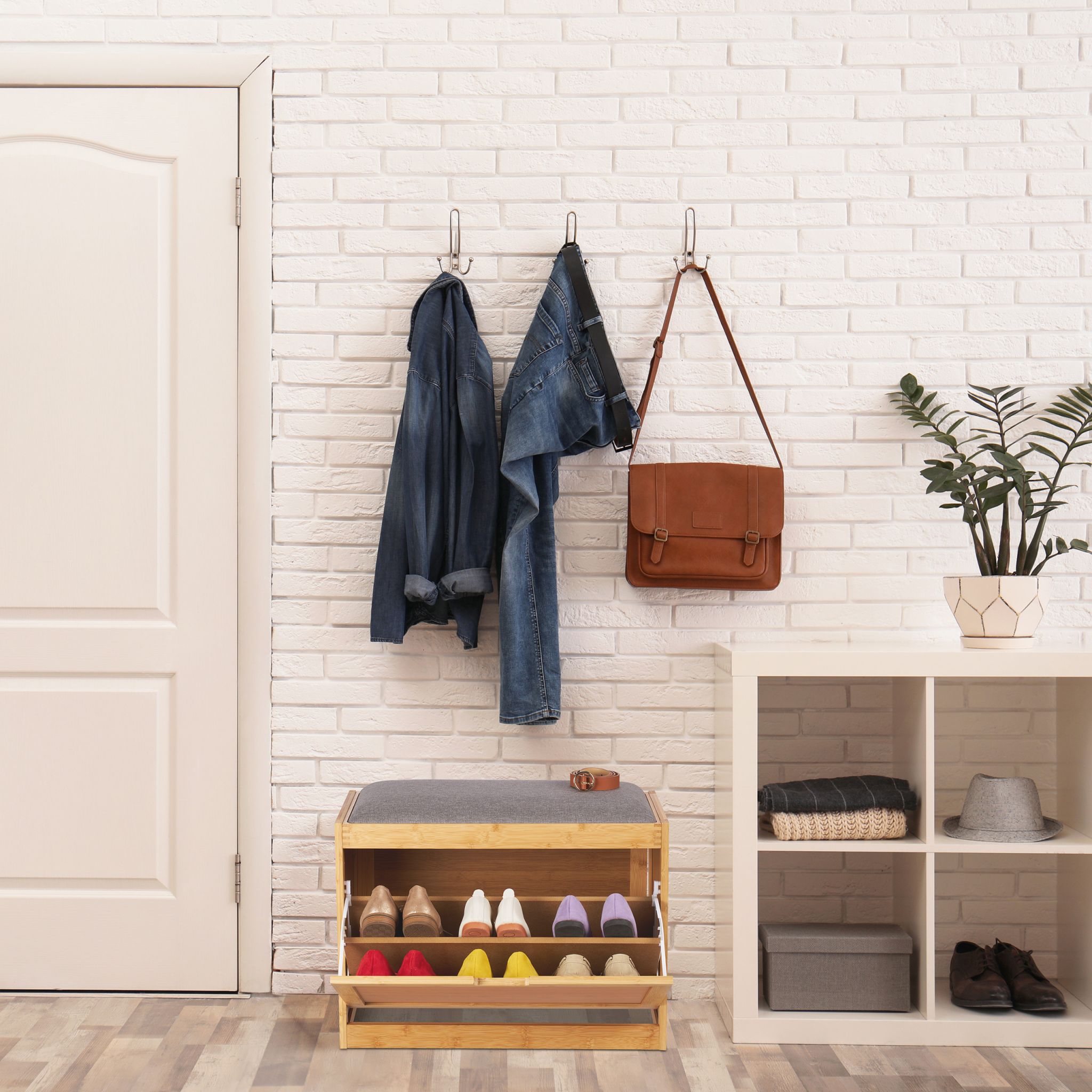 Schuhbank mit grauer Sitzfläche Hellbraun-Grau von Relaxdays