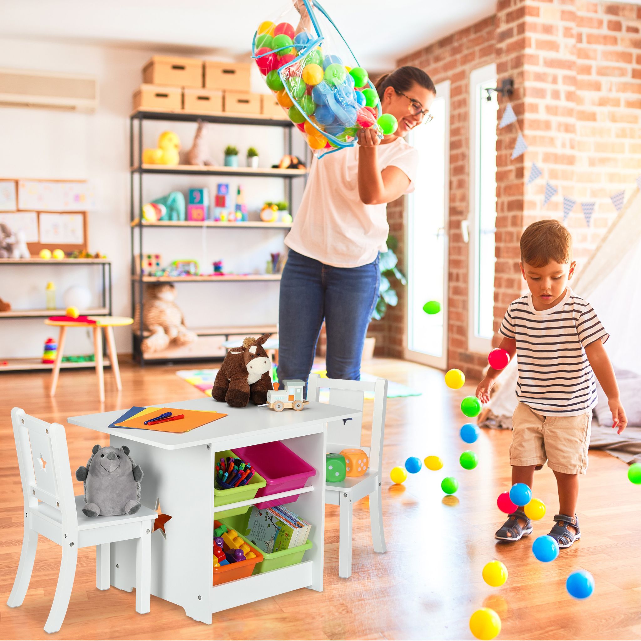 Kindersitzgruppe mit Stauraum 3tlg. Weiss-Grün-Pink von Relaxdays