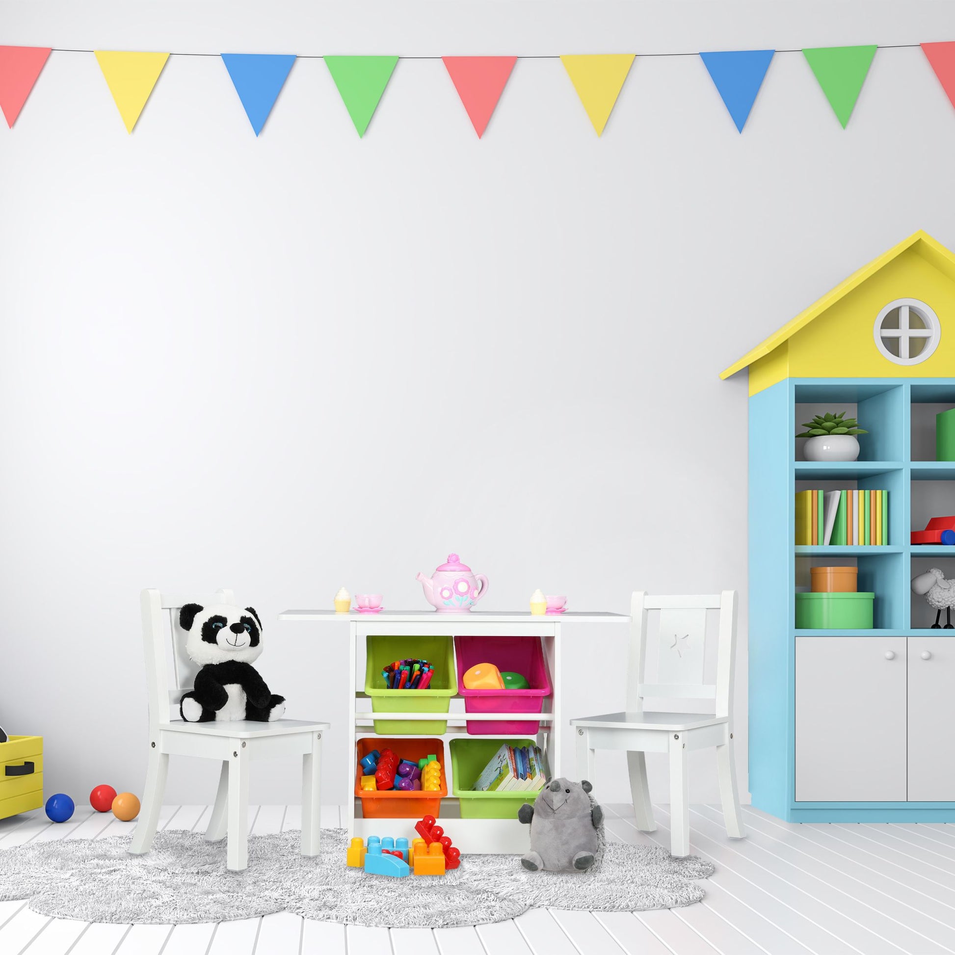 Kindersitzgruppe mit Stauraum 3tlg. Weiss-Grün-Pink von Relaxdays