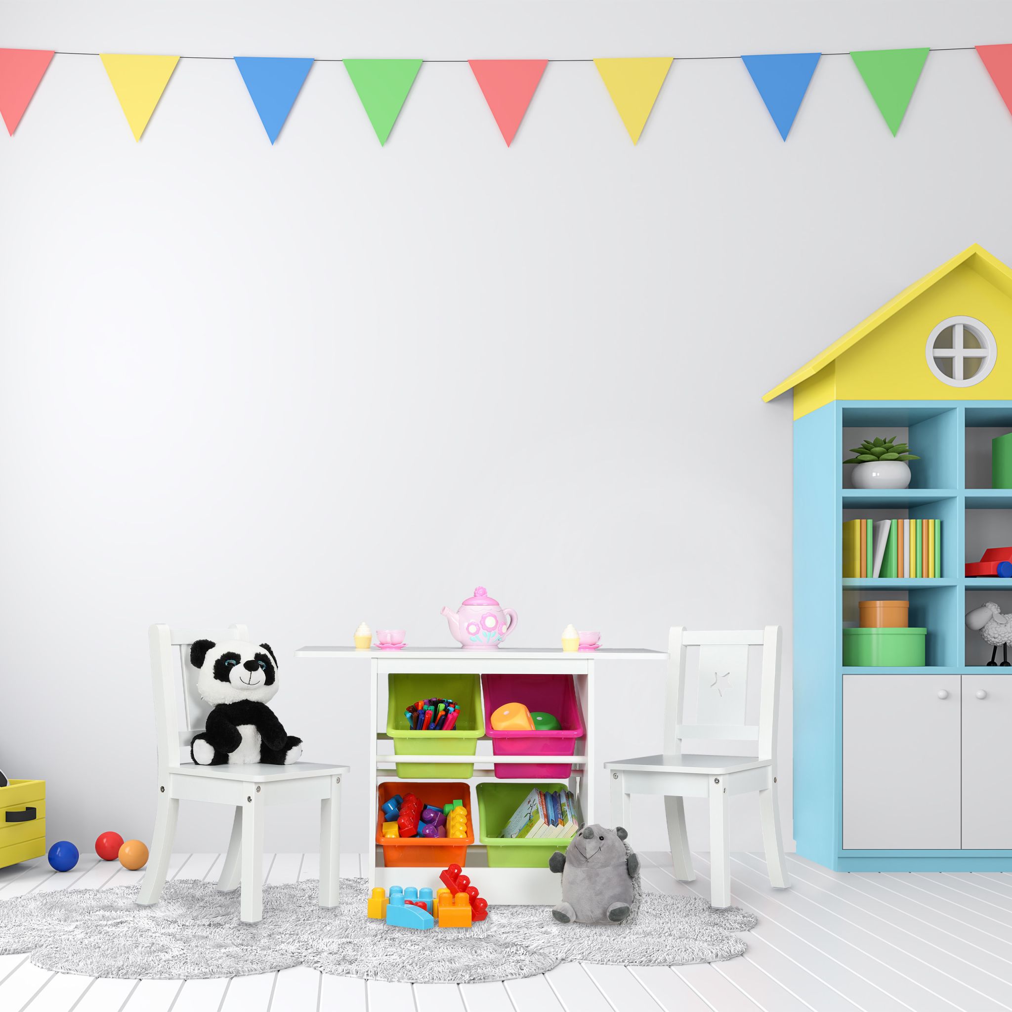 Kindersitzgruppe mit Stauraum 3tlg. Weiss-Grün-Pink von Relaxdays