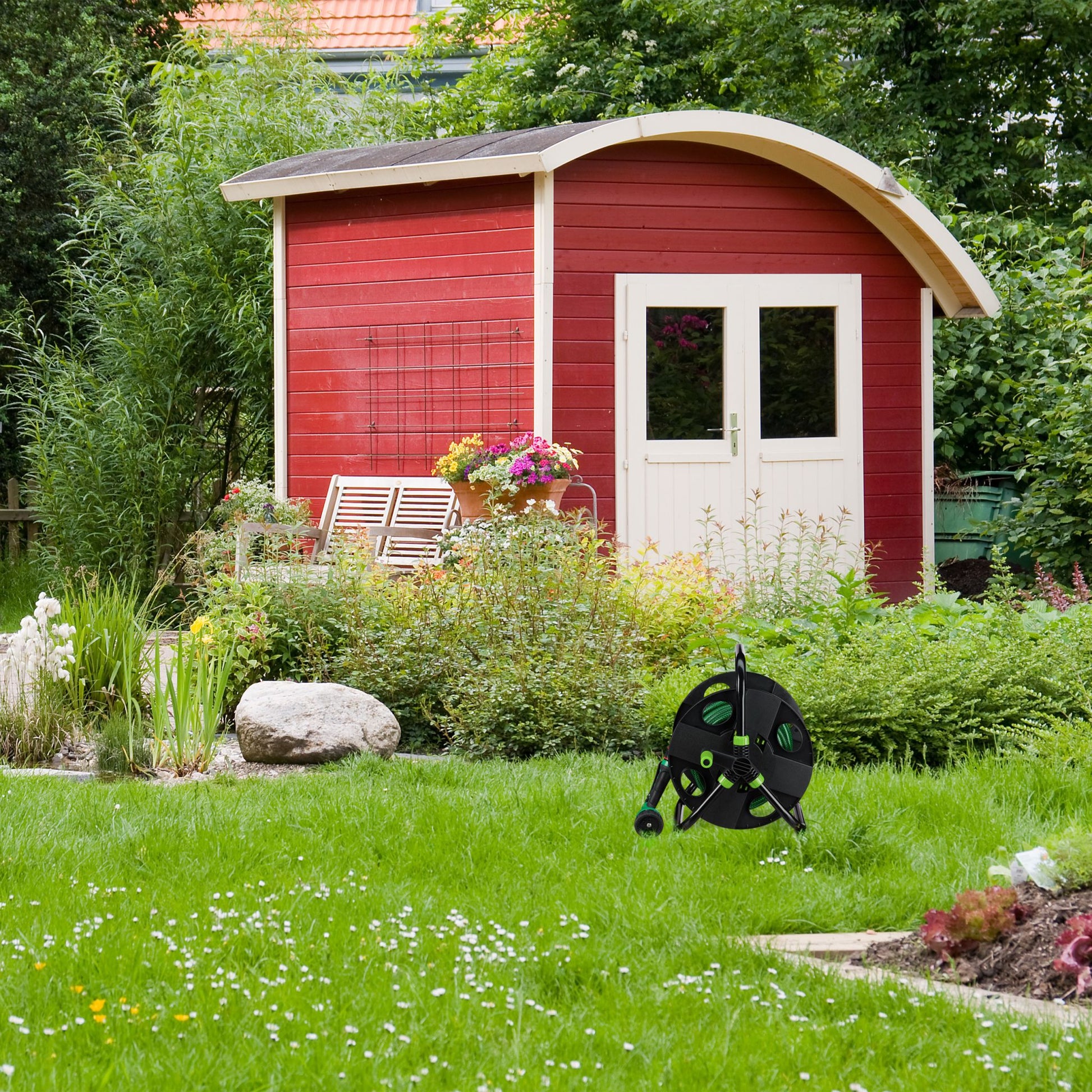Schlauchtrommel 30 m 1/2 Schlauch Grün-Schwarz von Relaxdays