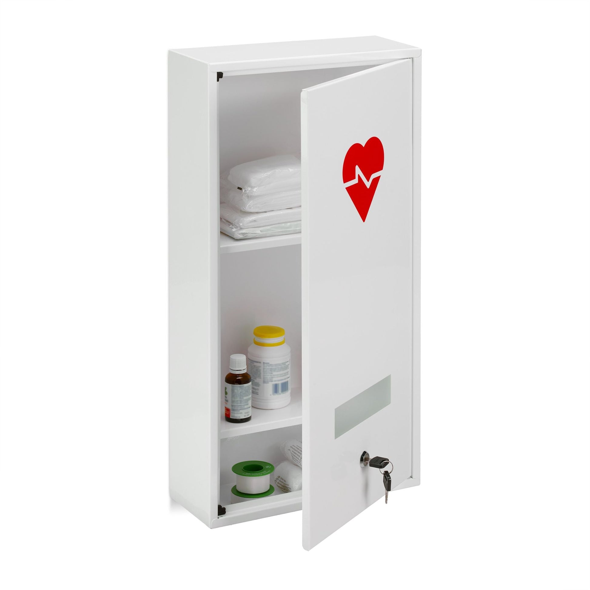 Abschliessbarer Medizinschrank Herz Weiss-Rot von Relaxdays