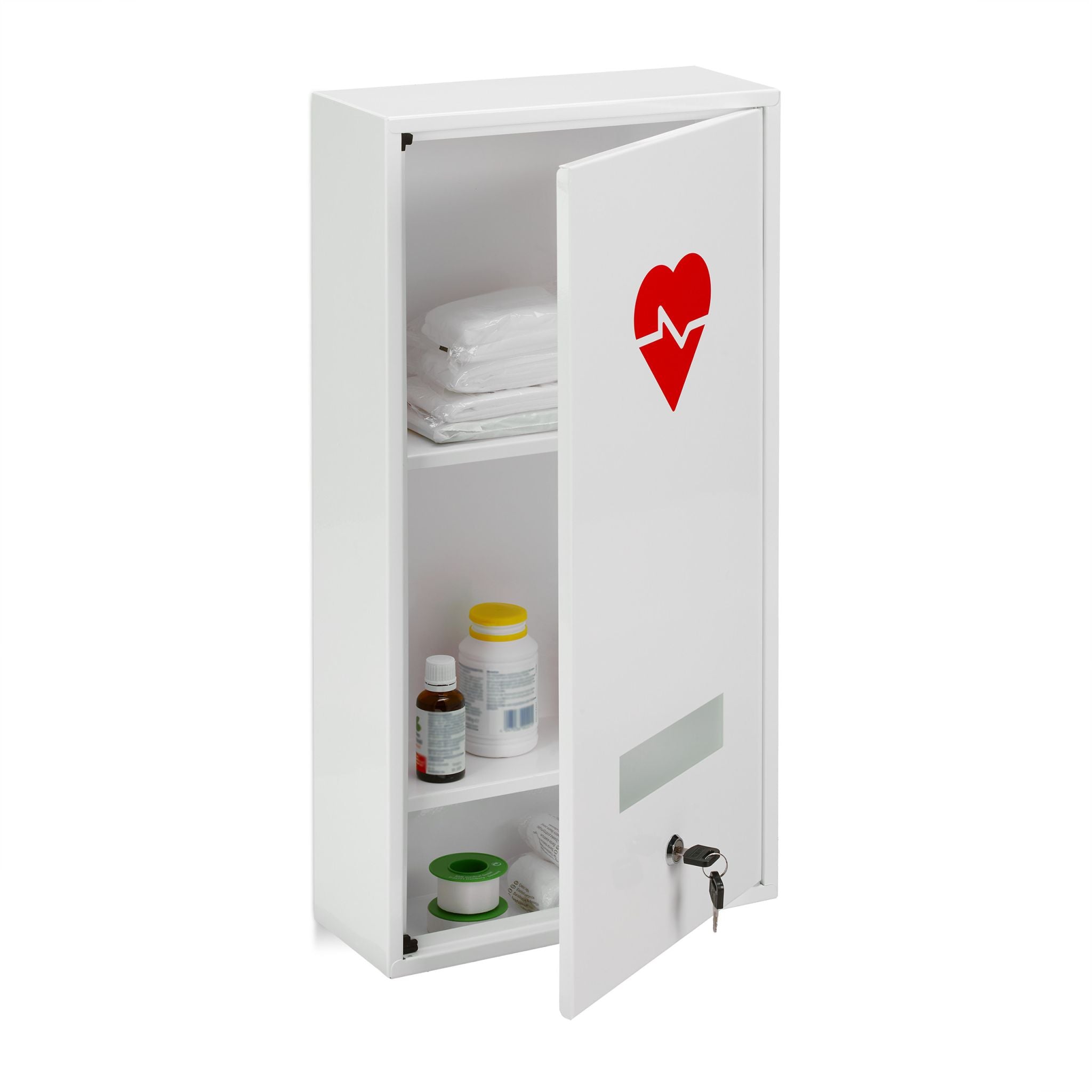 Abschliessbarer Medizinschrank Herz Weiss-Rot von Relaxdays