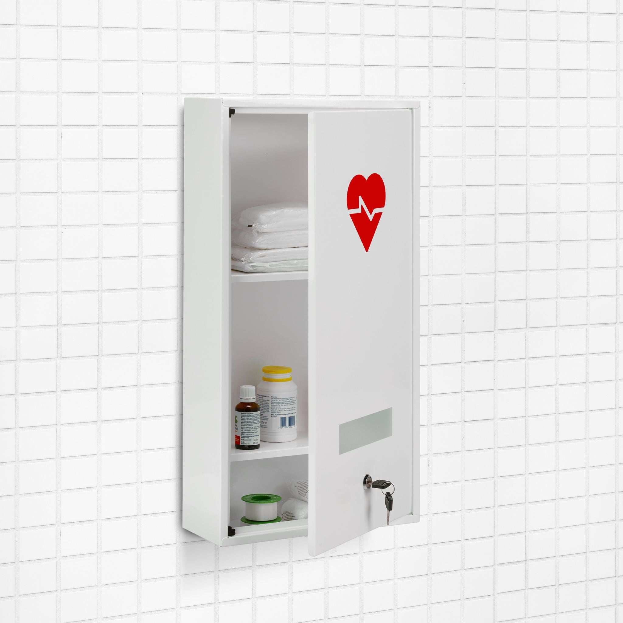 Abschliessbarer Medizinschrank Herz Weiss-Rot von Relaxdays