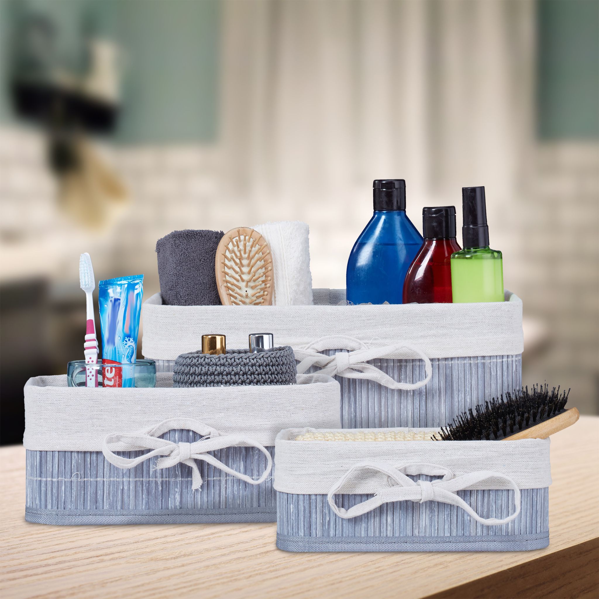 Aufbewahrungskörbe Bambus 3er-Set Creme-Grau von Relaxdays