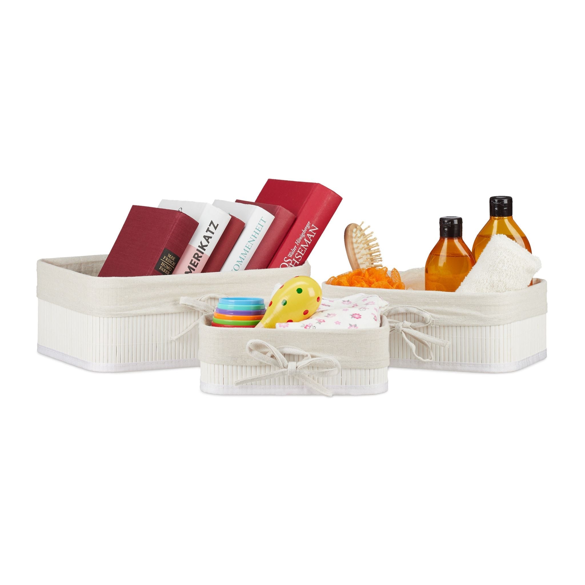 Aufbewahrungskorb 3er-Set Bambus Weiss-Creme von Relaxdays