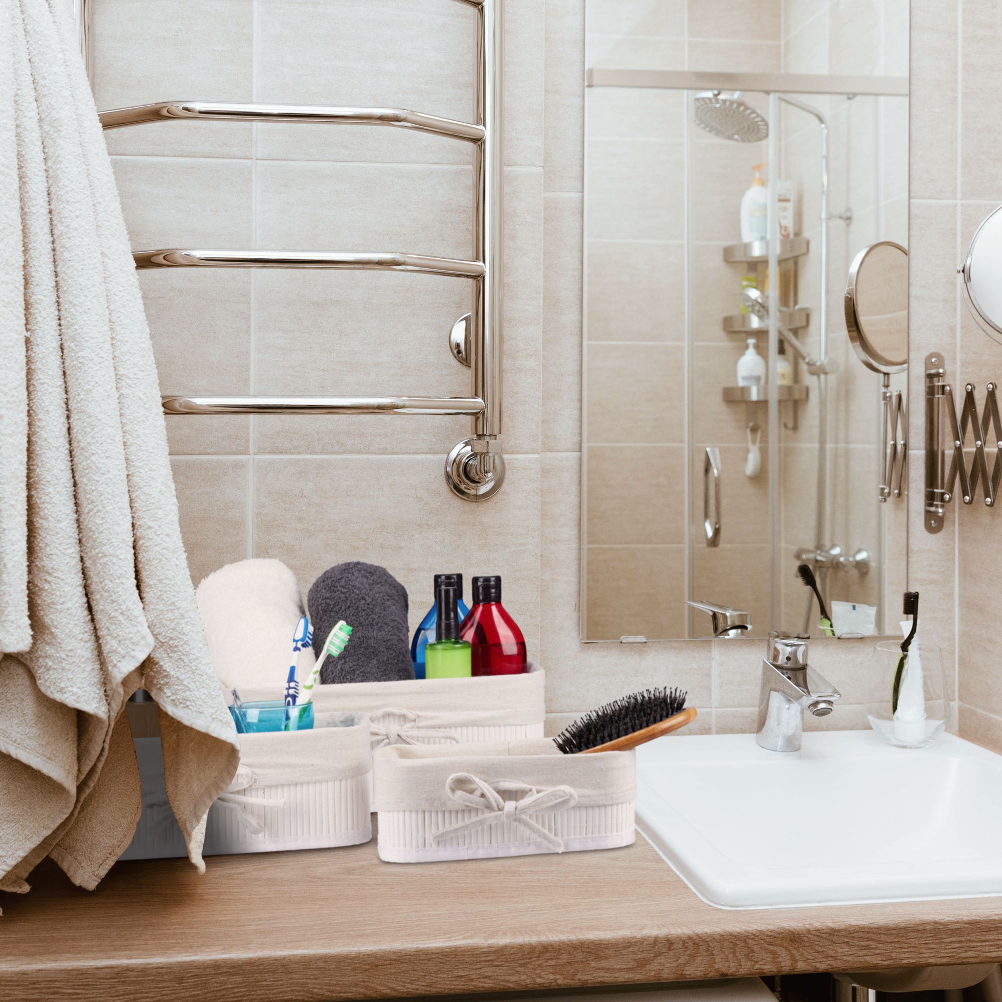 Aufbewahrungskorb 3er-Set Bambus Weiss-Creme von Relaxdays
