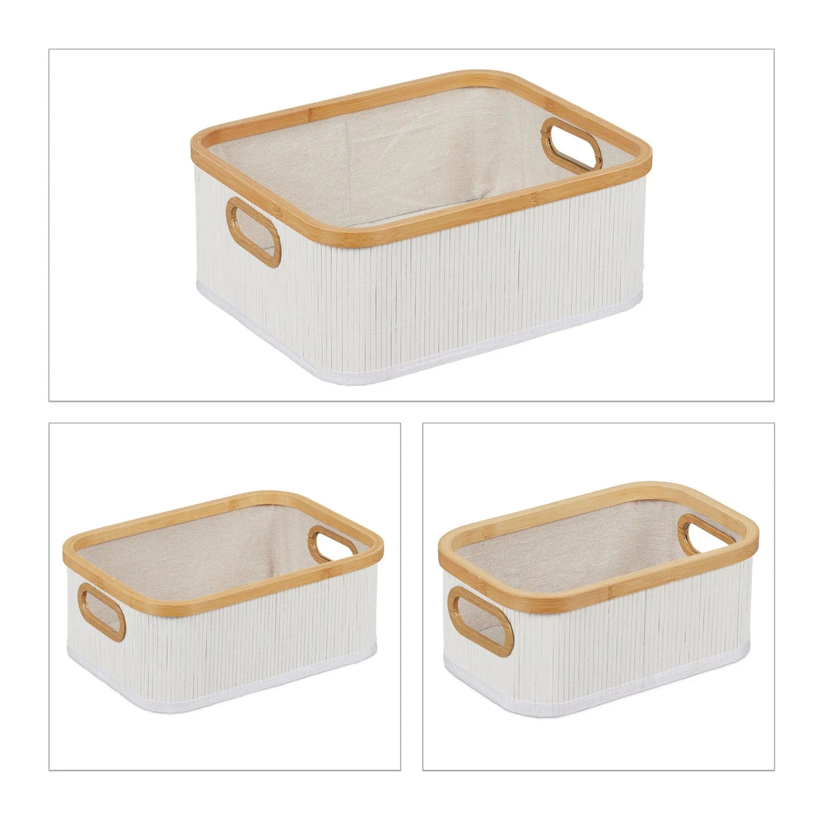 Aufbewahrungskorb 3er-Set Bambus Beige-Weiss-Hellbraun von Relaxdays