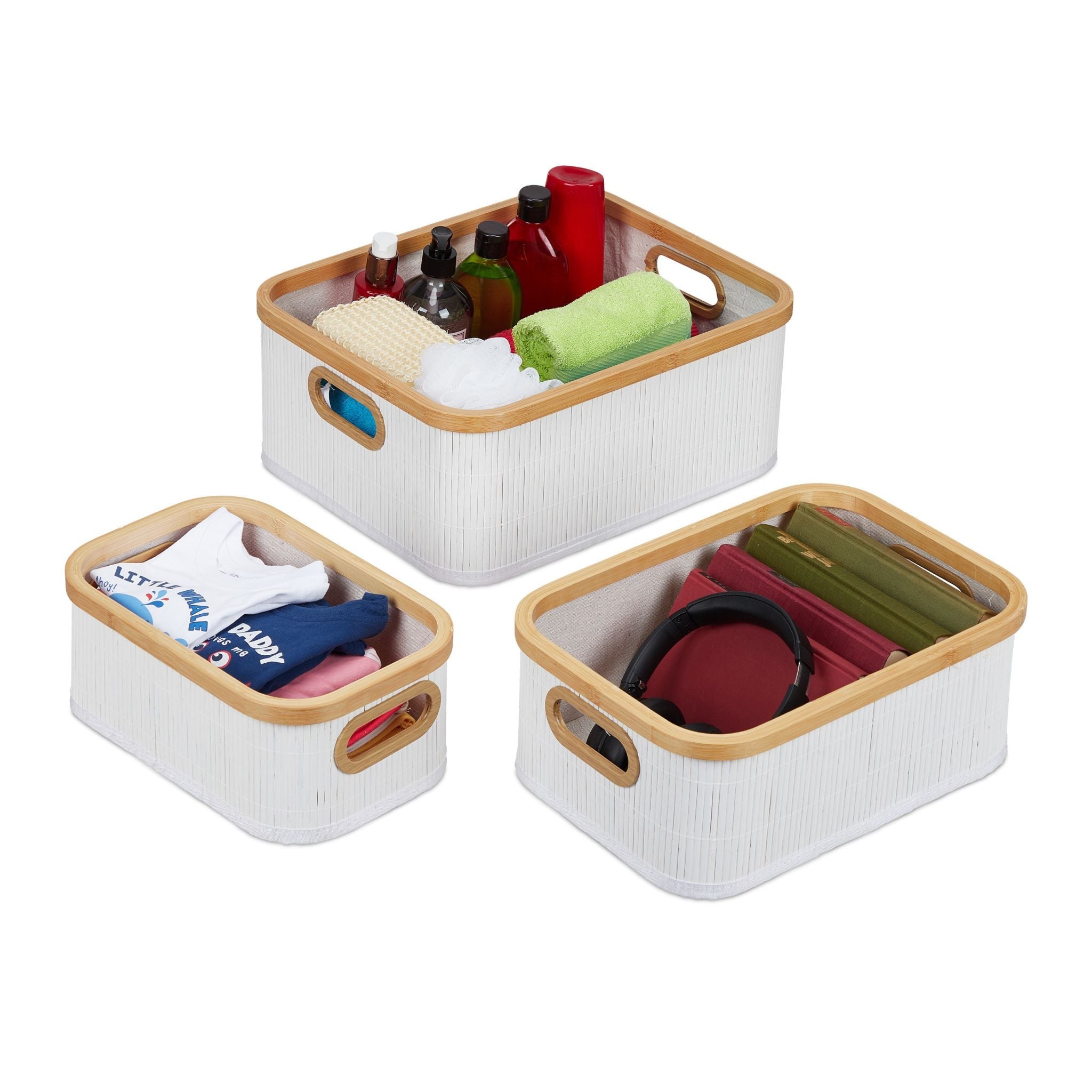 Aufbewahrungskorb 3er-Set Bambus Beige-Weiss-Hellbraun von Relaxdays