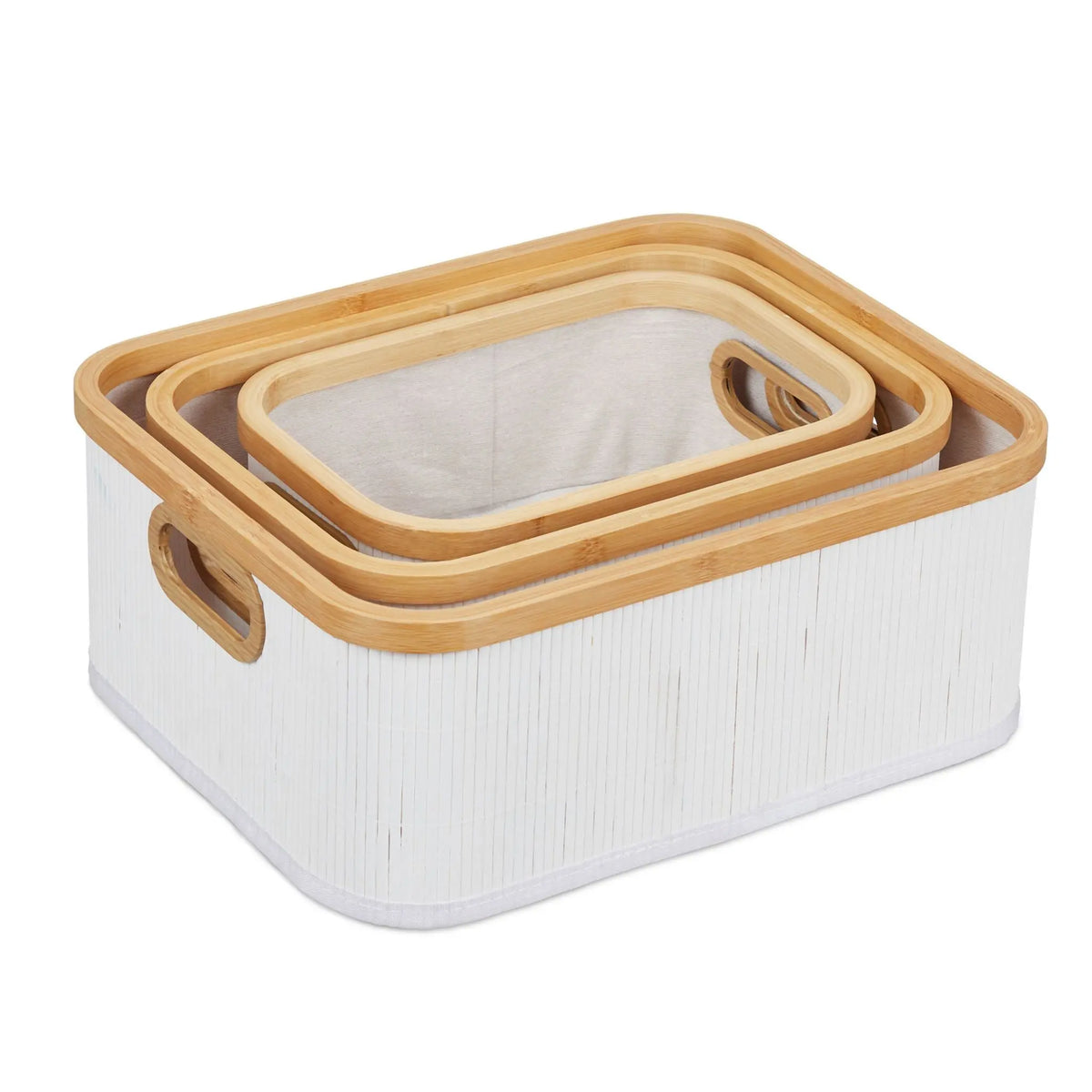 Aufbewahrungskorb 3er-Set Bambus Beige-Weiss-Hellbraun von Relaxdays