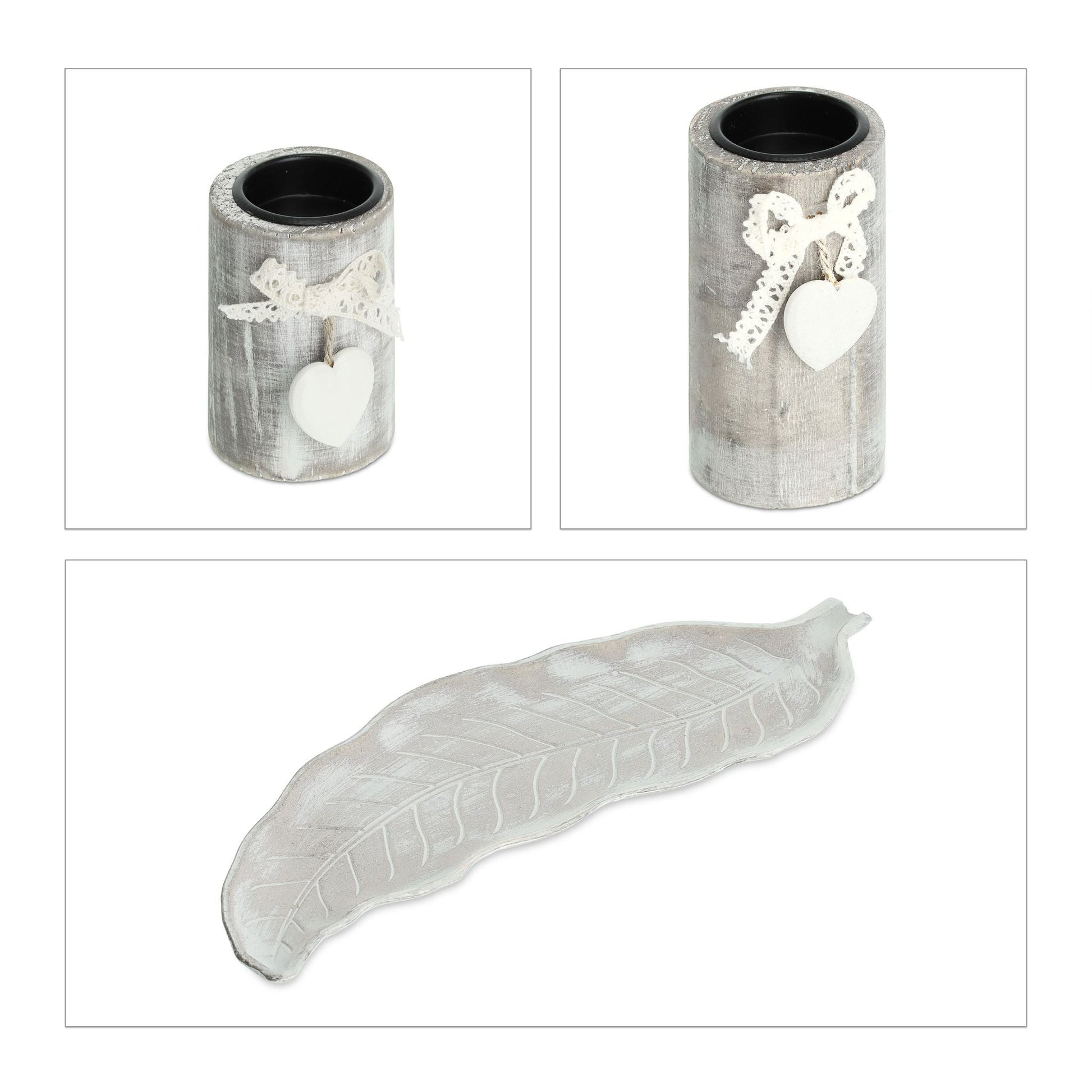 Teelichthalter mit Tablett in Blattform Beige-Weiss von Relaxdays