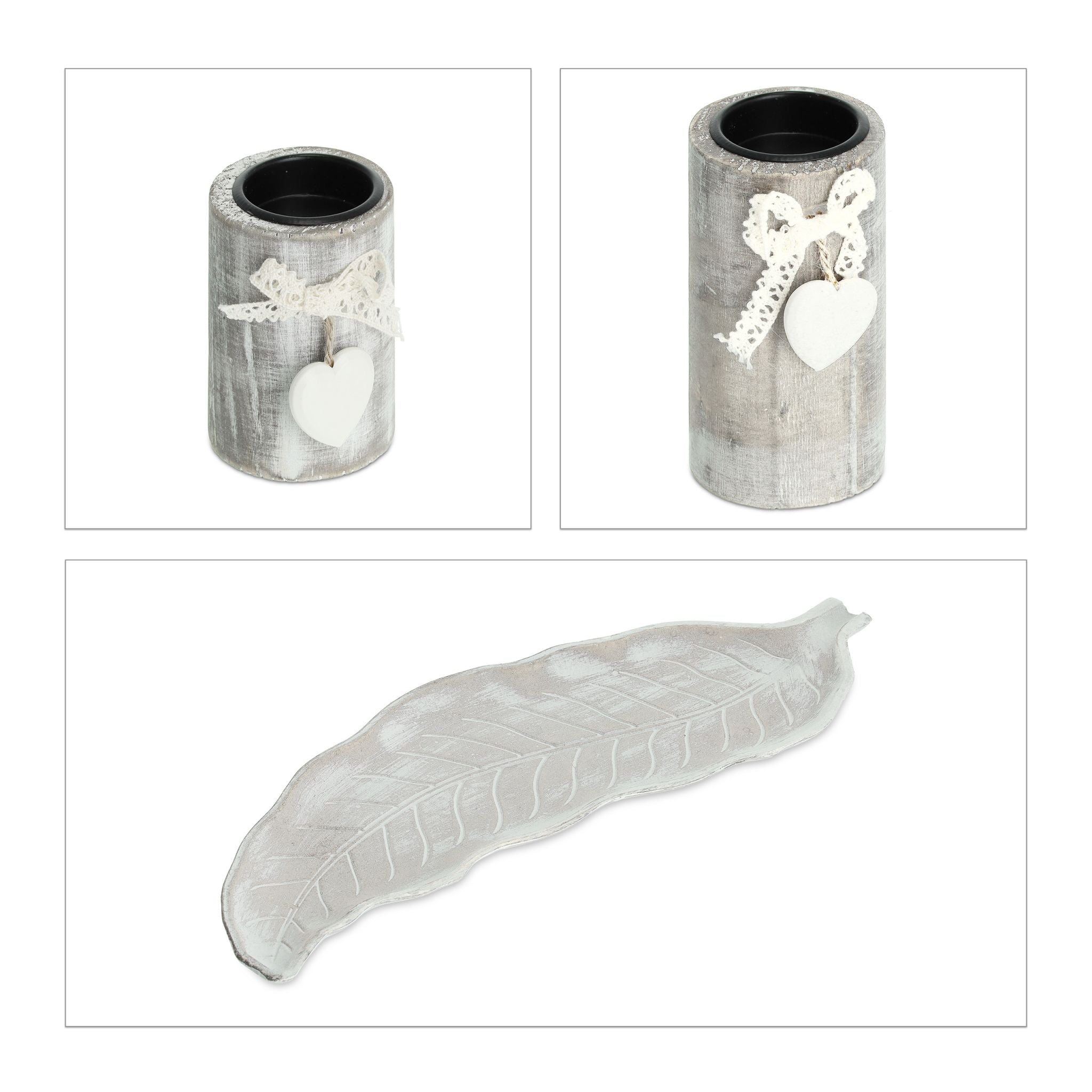 Teelichthalter mit Tablett in Blattform Beige-Weiss von Relaxdays