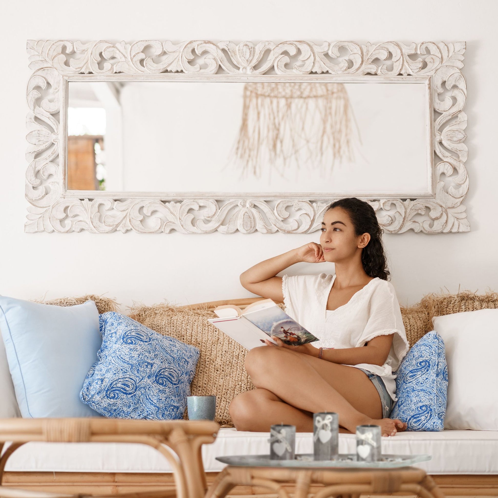 Teelichthalter mit Tablett in Blattform Beige-Weiss von Relaxdays