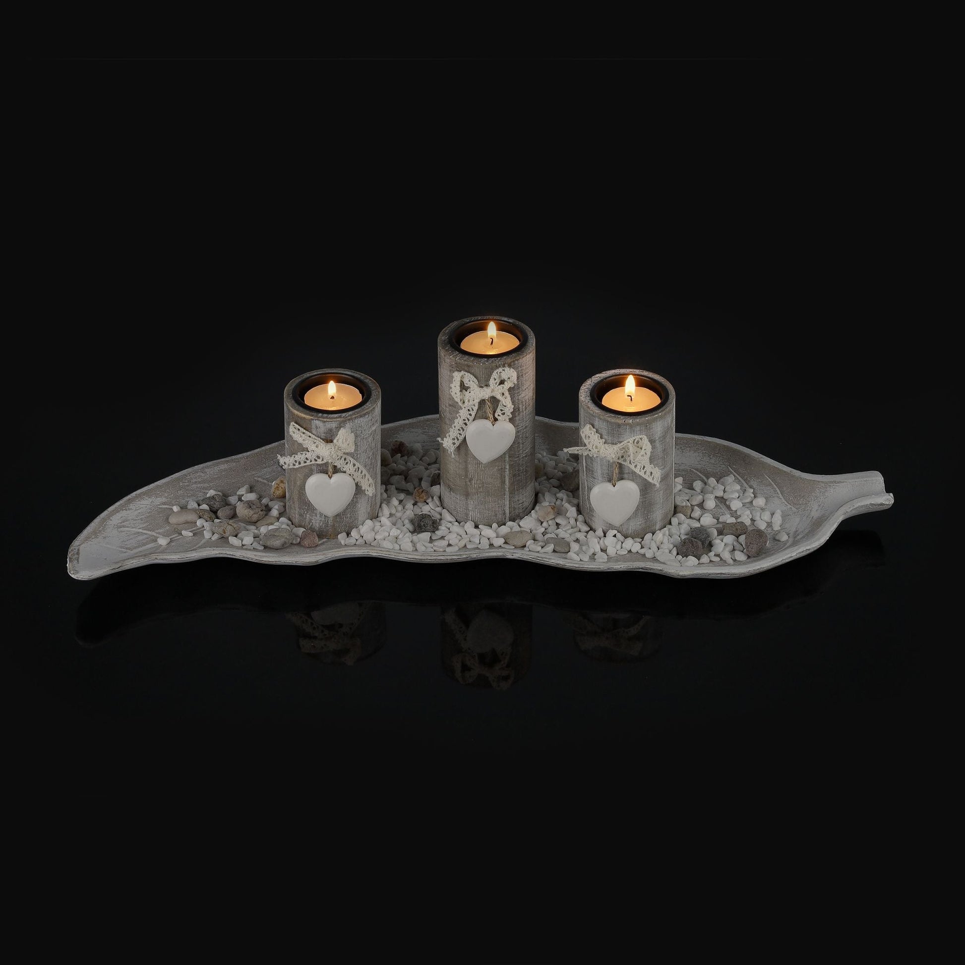 Teelichthalter mit Tablett in Blattform Beige-Weiss von Relaxdays