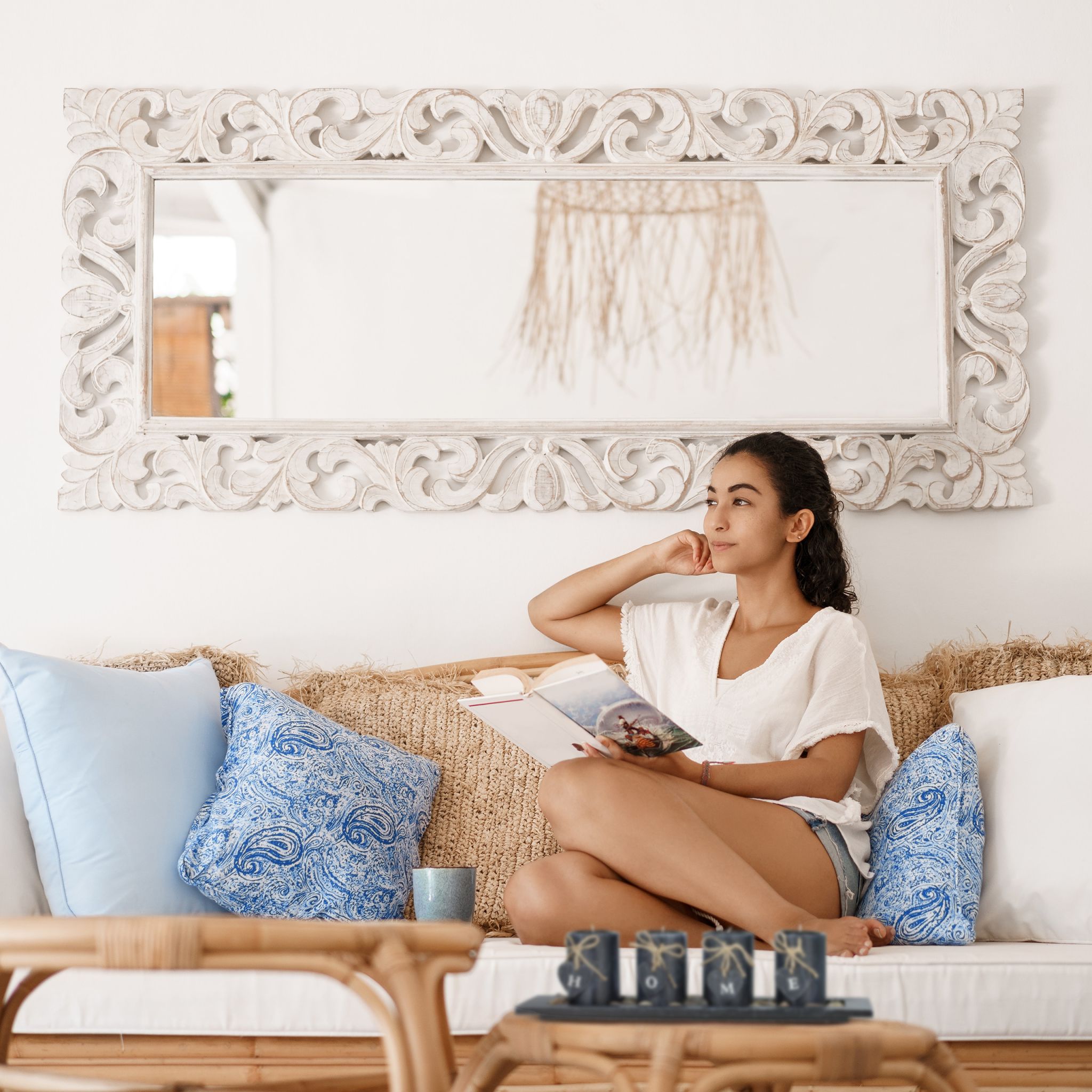 Teelichthalter-Set Home mit Tablett Weiss-Hellbraun-Schwarz von Relaxdays