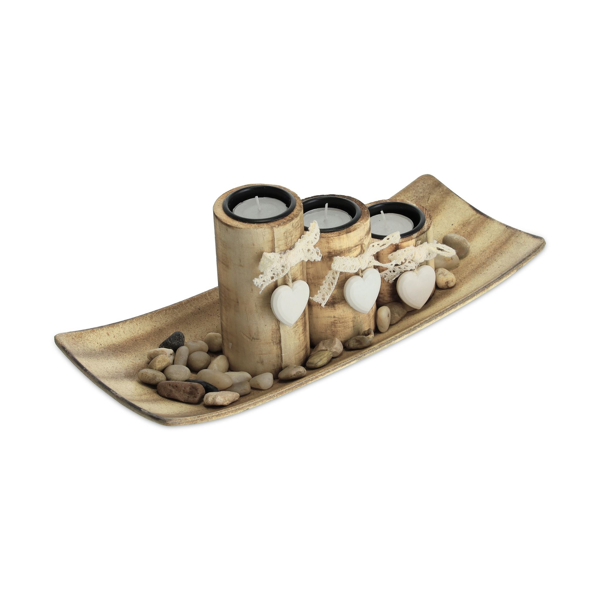 Teelichthalter Herz mit Tablett Weiss-Hellbraun von Relaxdays