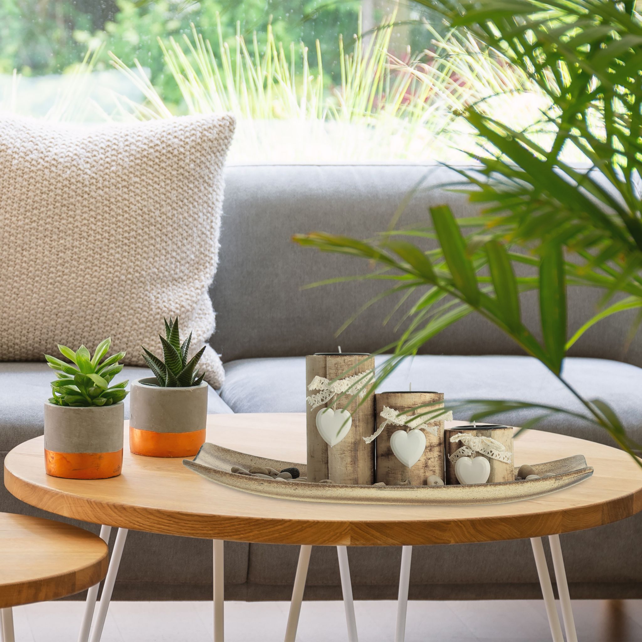 Teelichthalter Herz mit Tablett Weiss-Hellbraun von Relaxdays