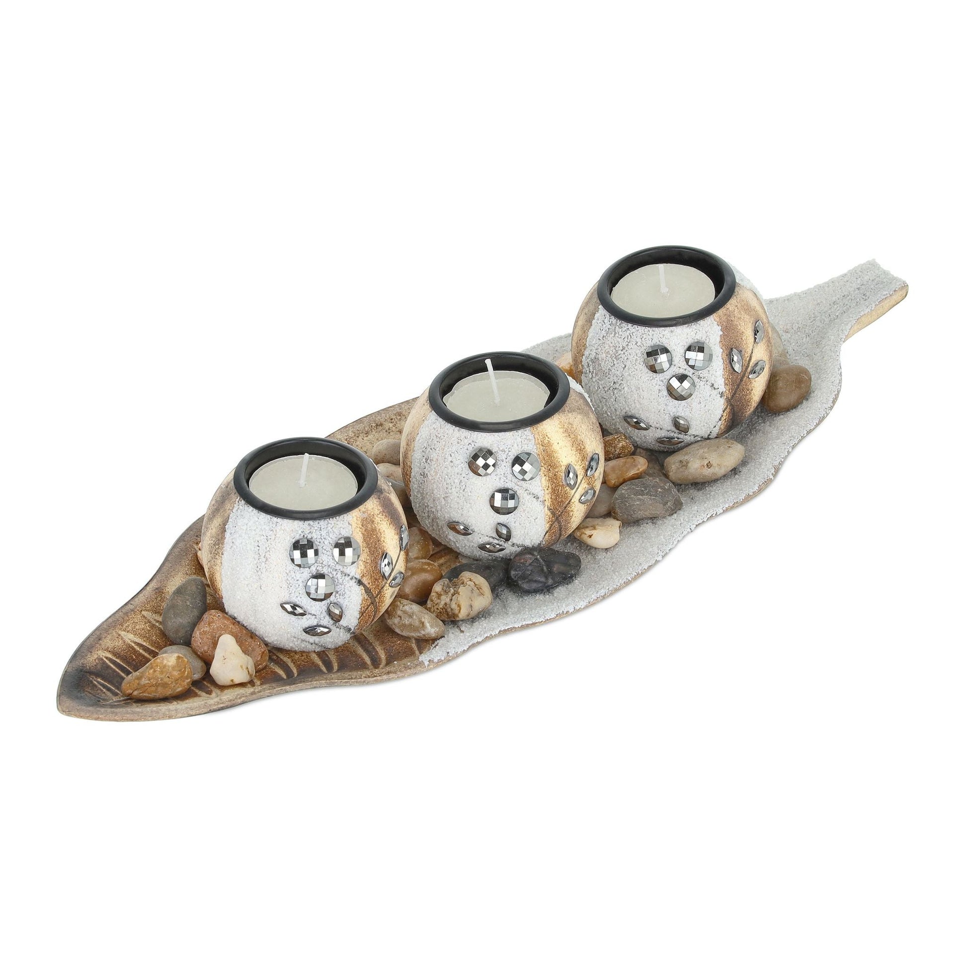 Teelichthalter rund mit Tablett Weiss-Braun von Relaxdays