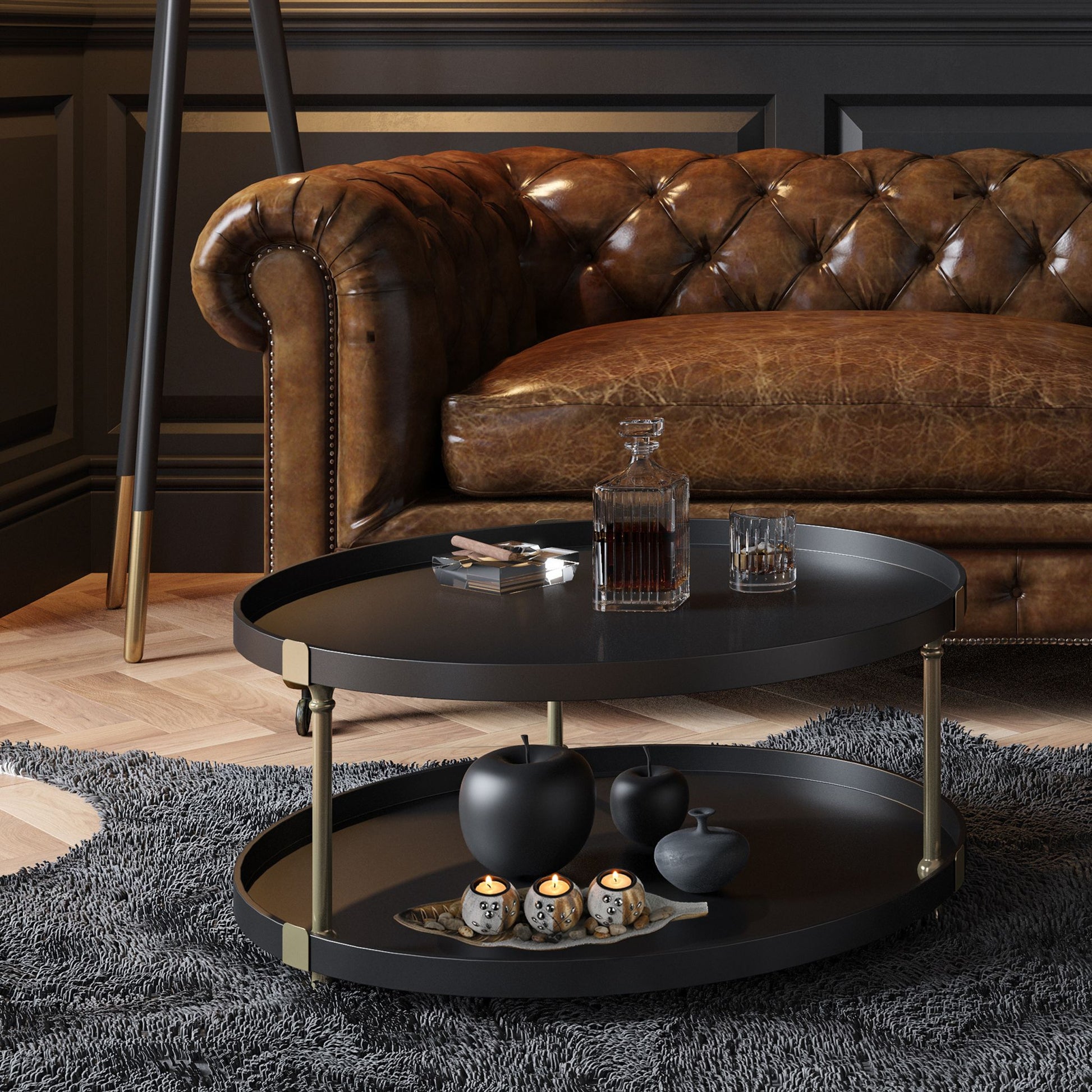 Teelichthalter rund mit Tablett Weiss-Braun von Relaxdays