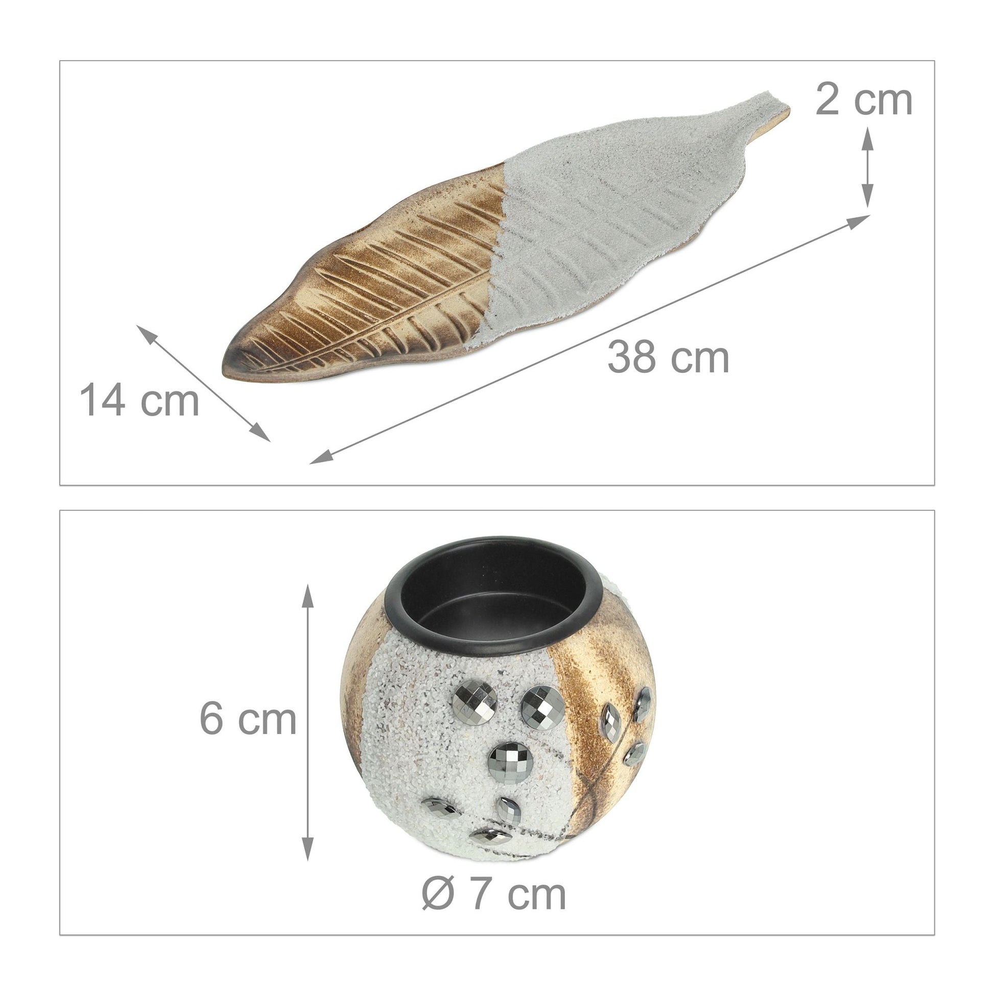 Teelichthalter rund mit Tablett Weiss-Braun von Relaxdays