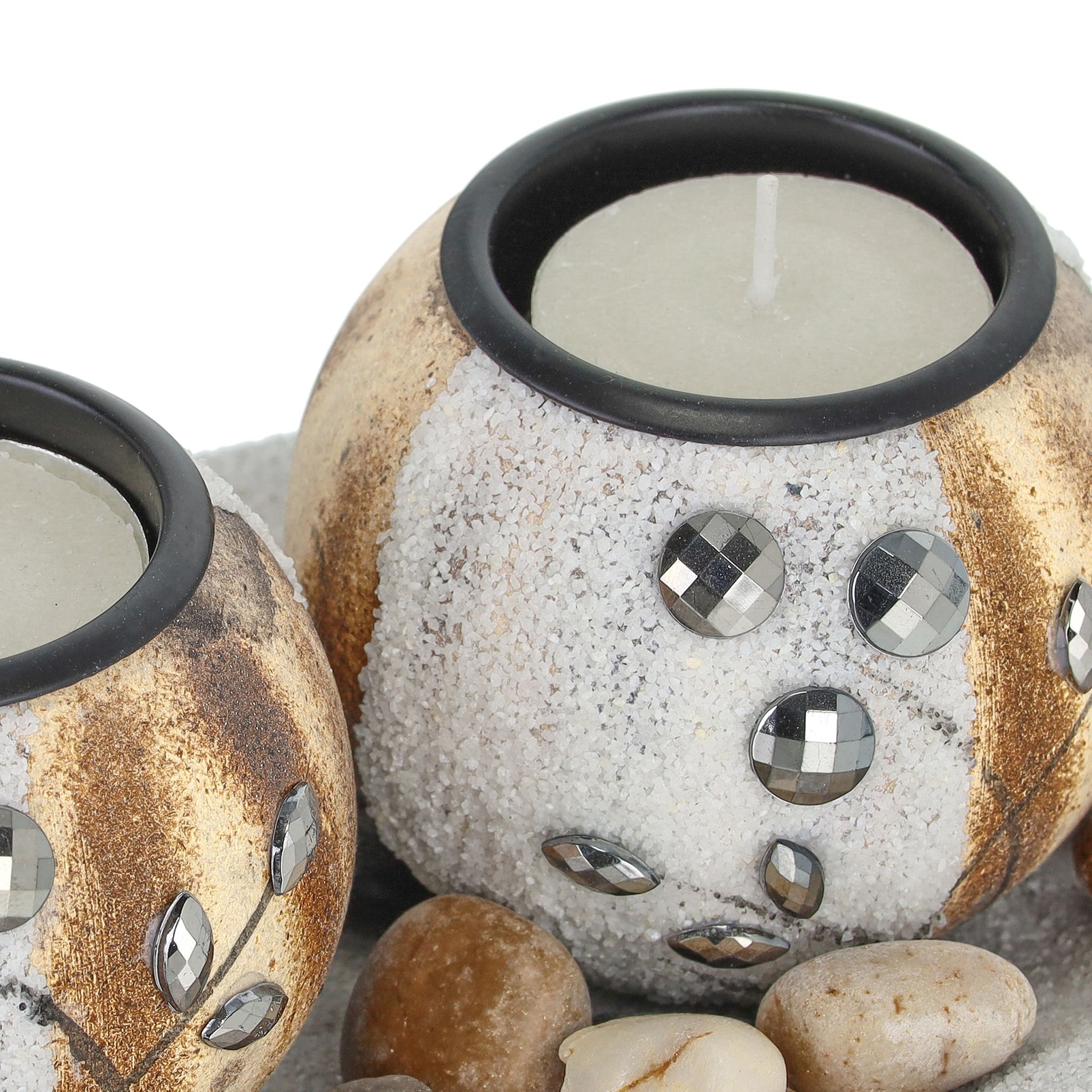 Teelichthalter rund mit Tablett Weiss-Braun von Relaxdays
