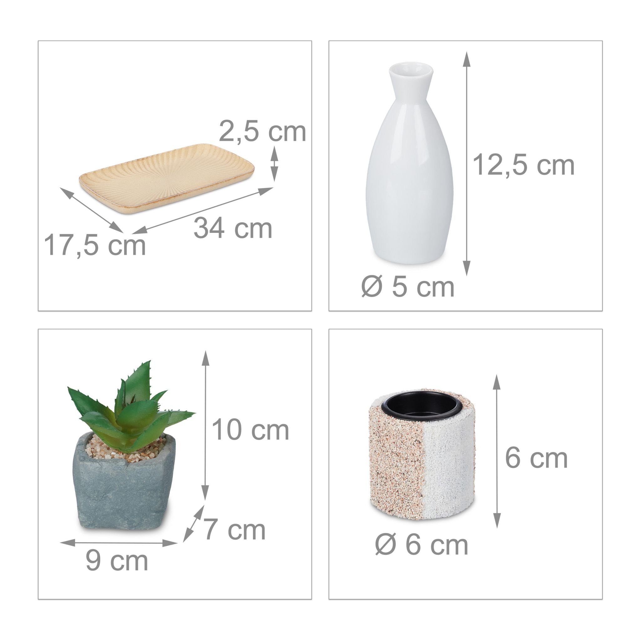 Teelichthalter-Set mit Zen Garten Anthrazit-Beige-Weiss von Relaxdays