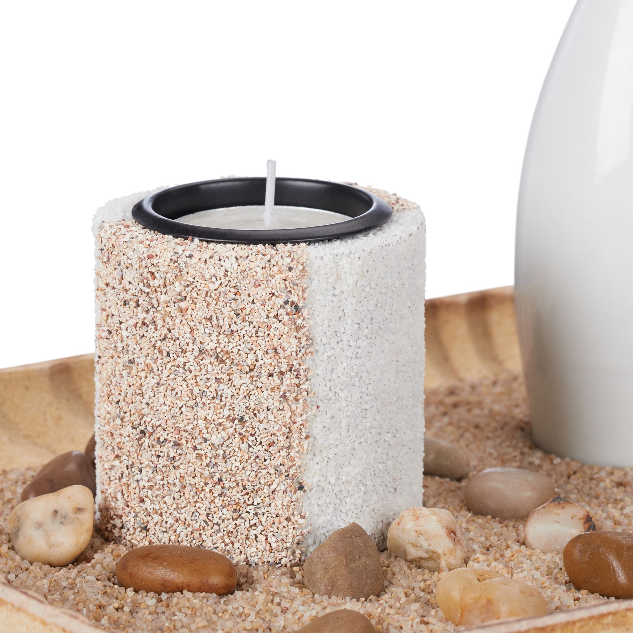 Teelichthalter-Set mit Zen Garten Anthrazit-Beige-Weiss von Relaxdays