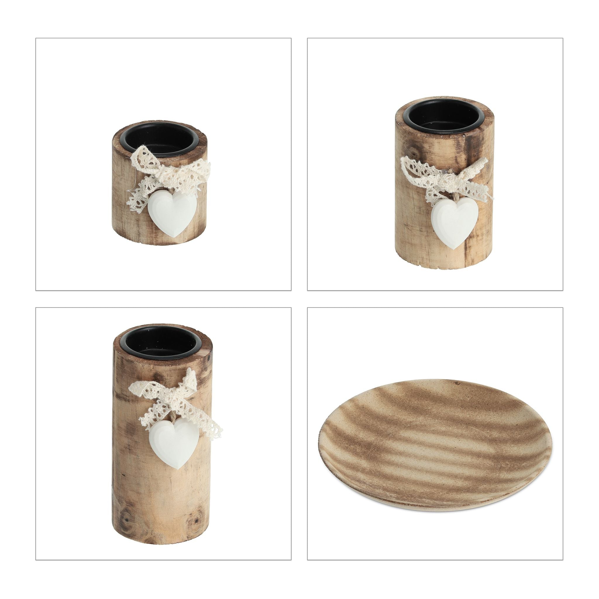 Teelichthalter-Set mit Dekoschale Weiss-Hellbraun von Relaxdays