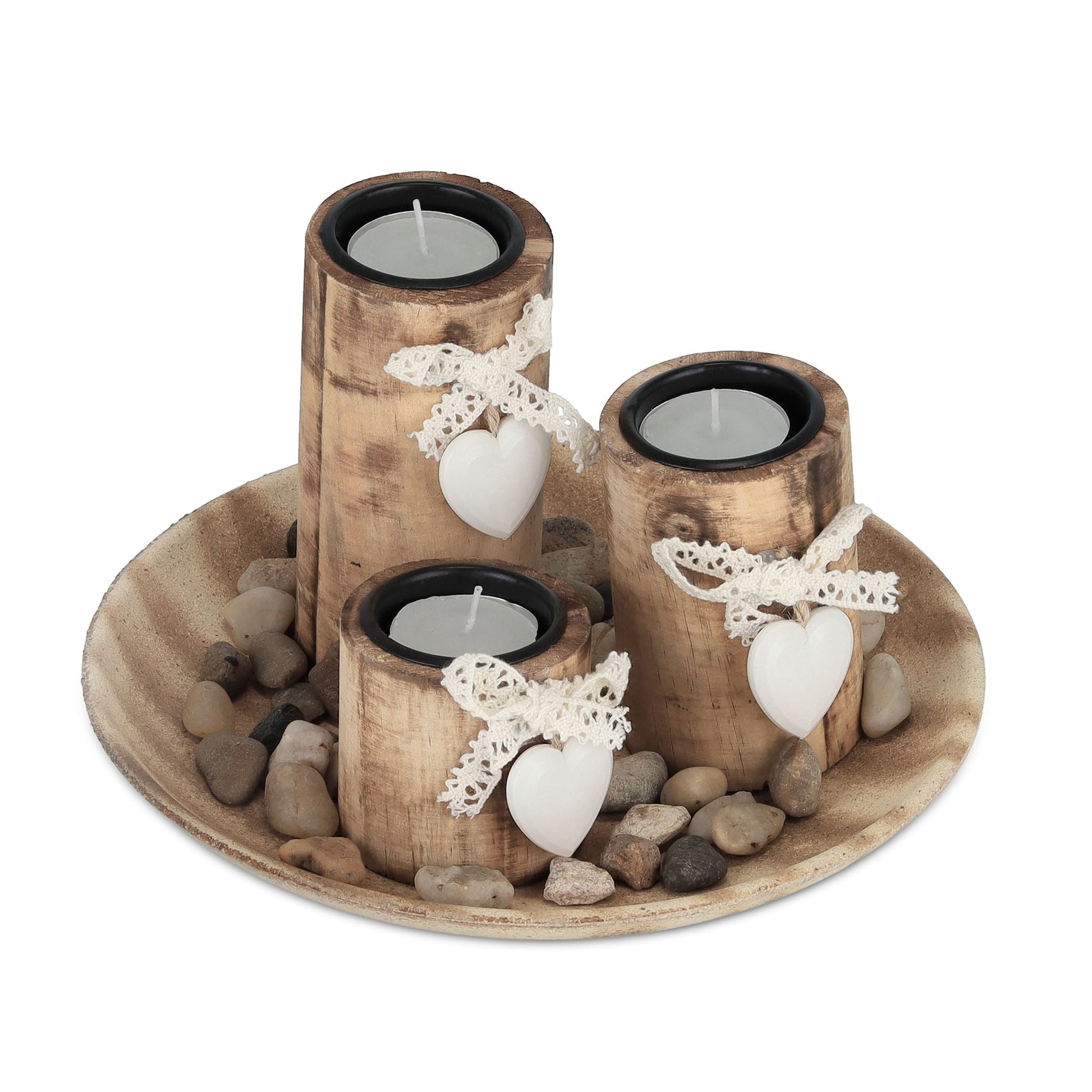 Teelichthalter-Set mit Dekoschale Weiss-Hellbraun von Relaxdays