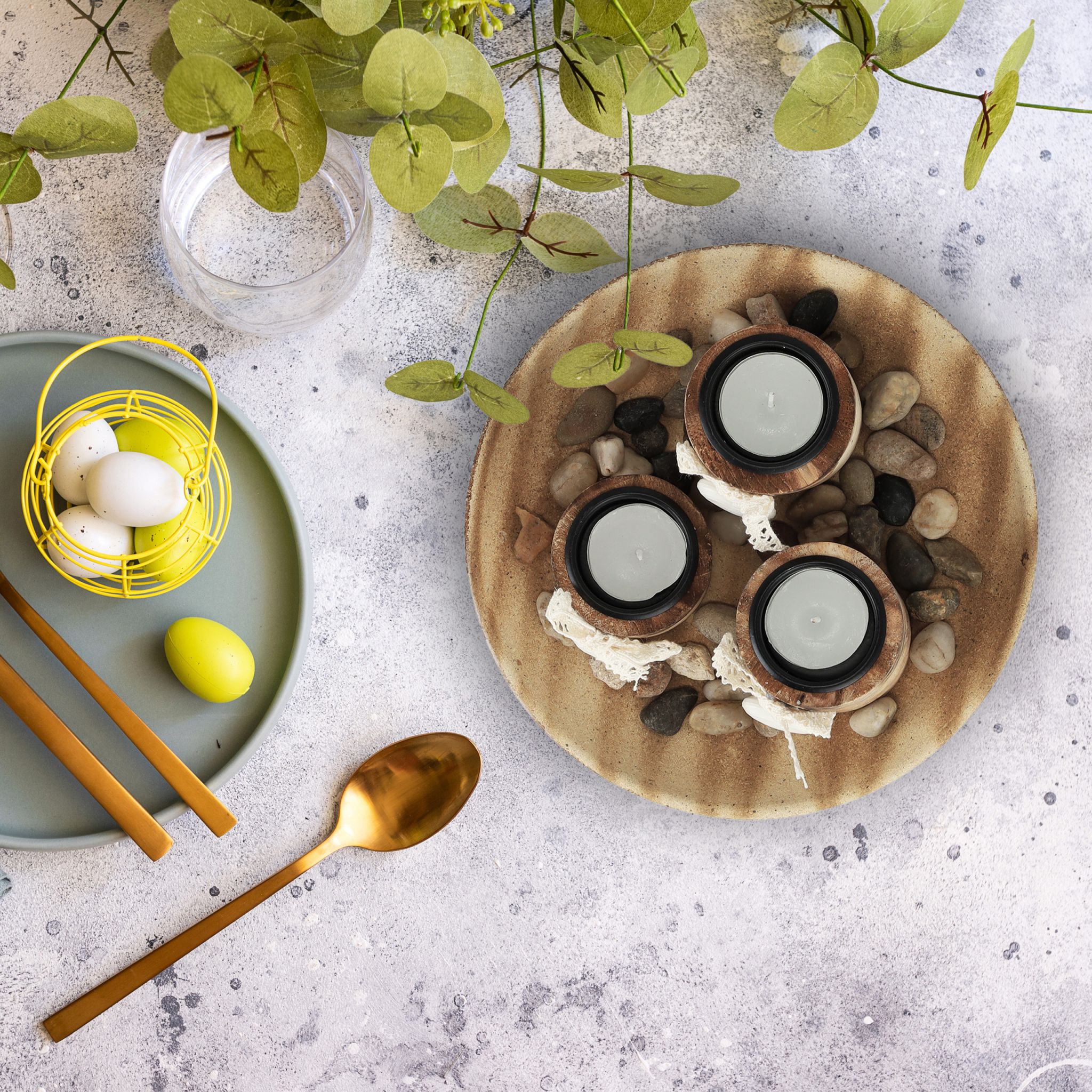 Teelichthalter-Set mit Dekoschale Weiss-Hellbraun von Relaxdays