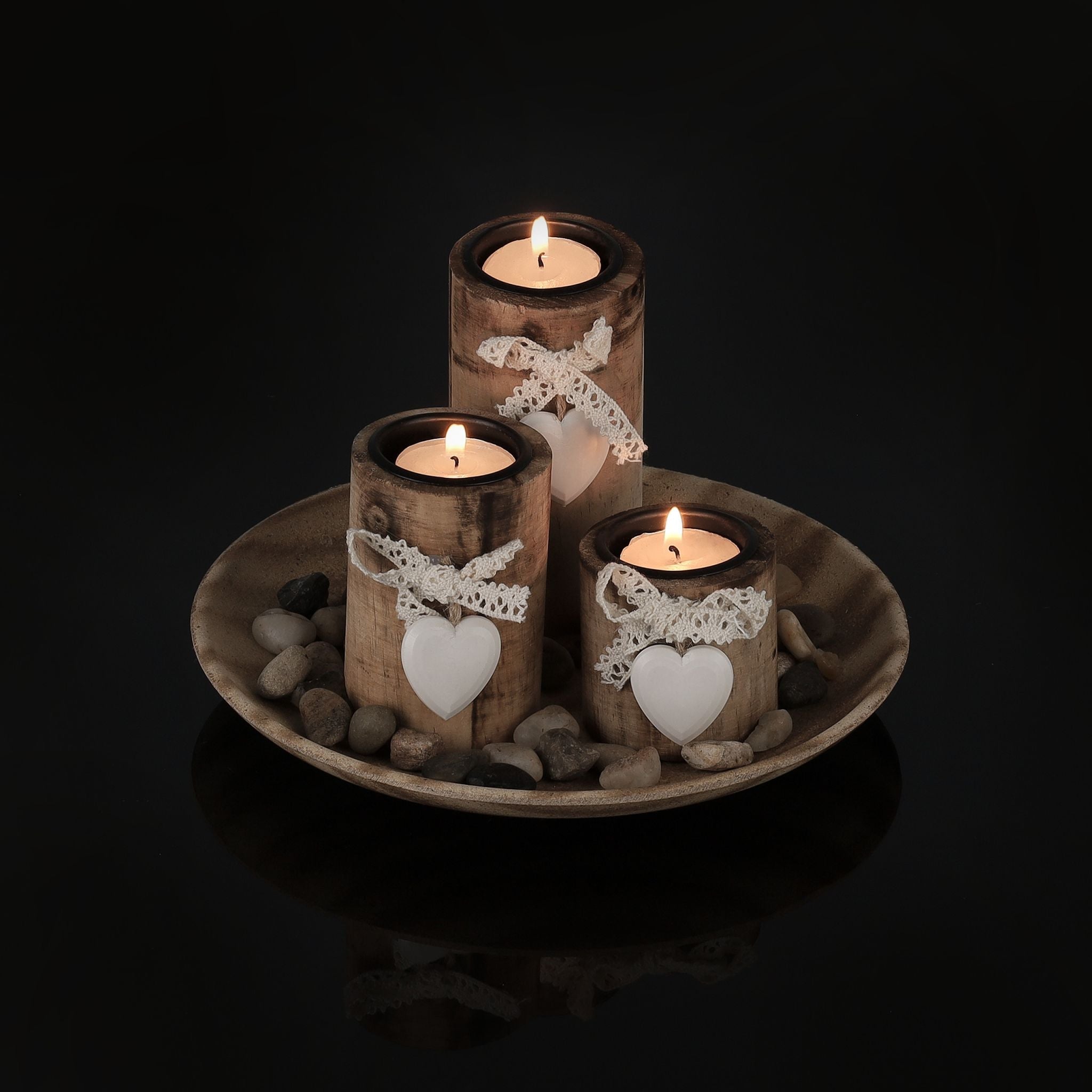 Teelichthalter-Set mit Dekoschale Weiss-Hellbraun von Relaxdays
