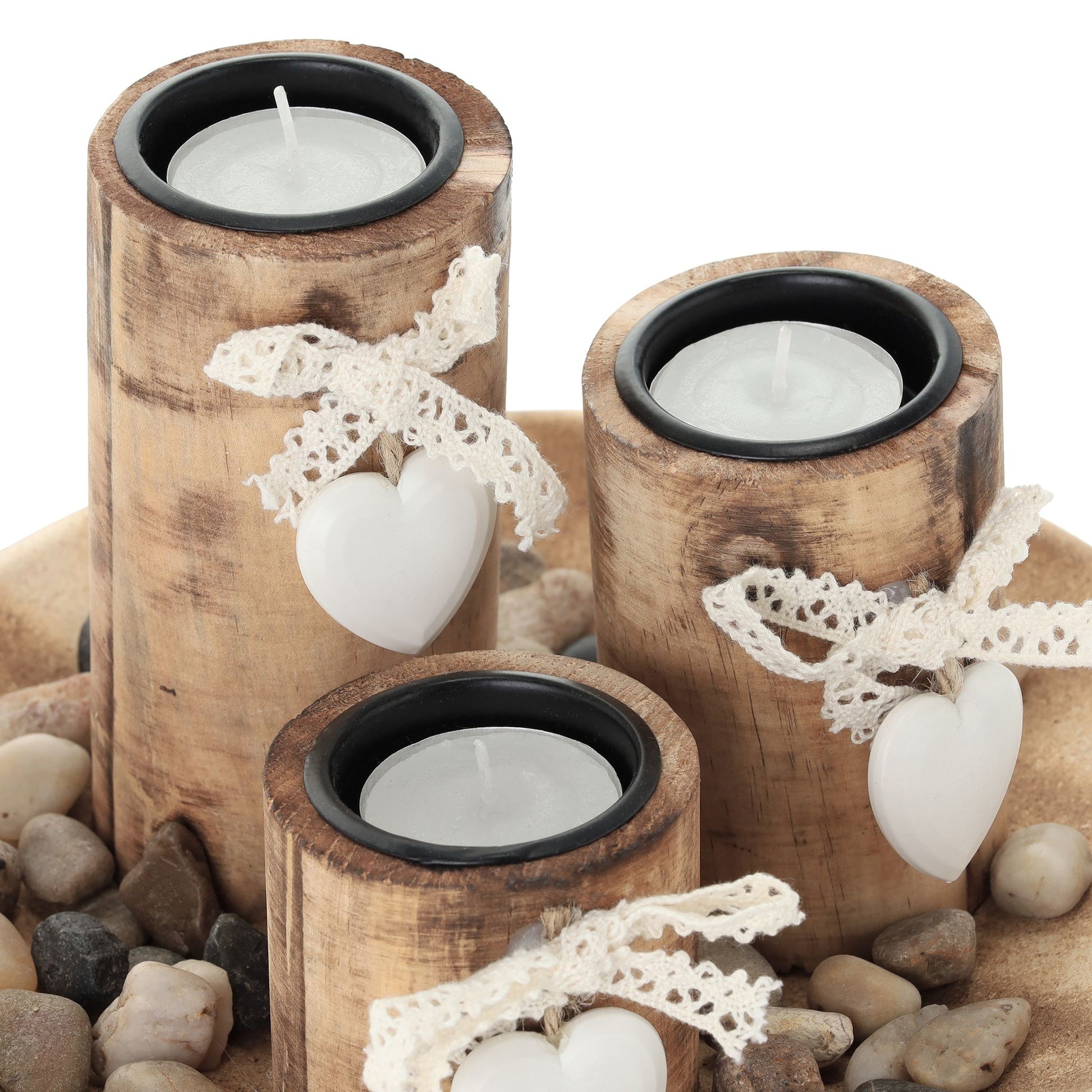 Teelichthalter-Set mit Dekoschale Weiss-Hellbraun von Relaxdays