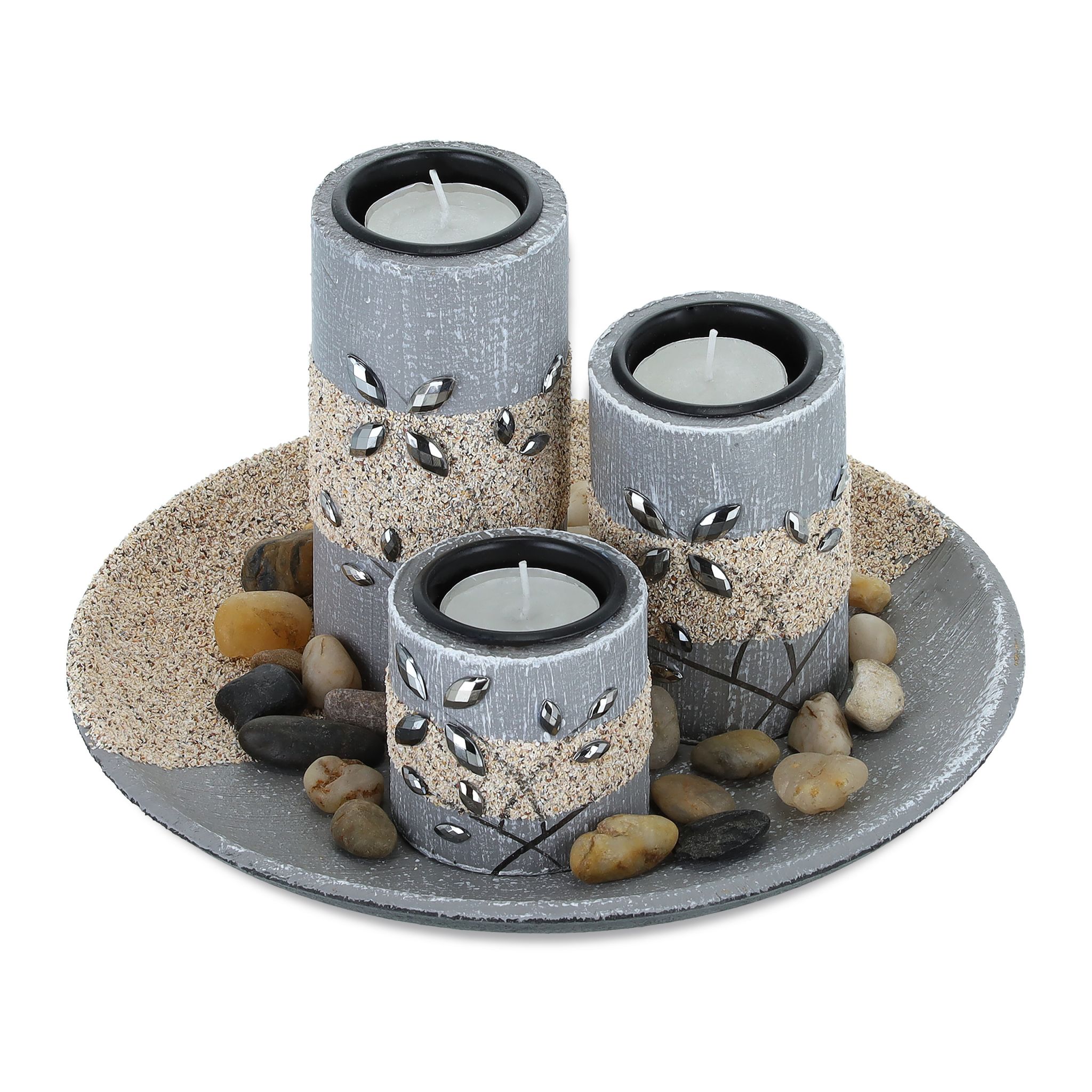 Teelichthalter-Set mit Dekoschale Beige-Schwarz-Grau von Relaxdays
