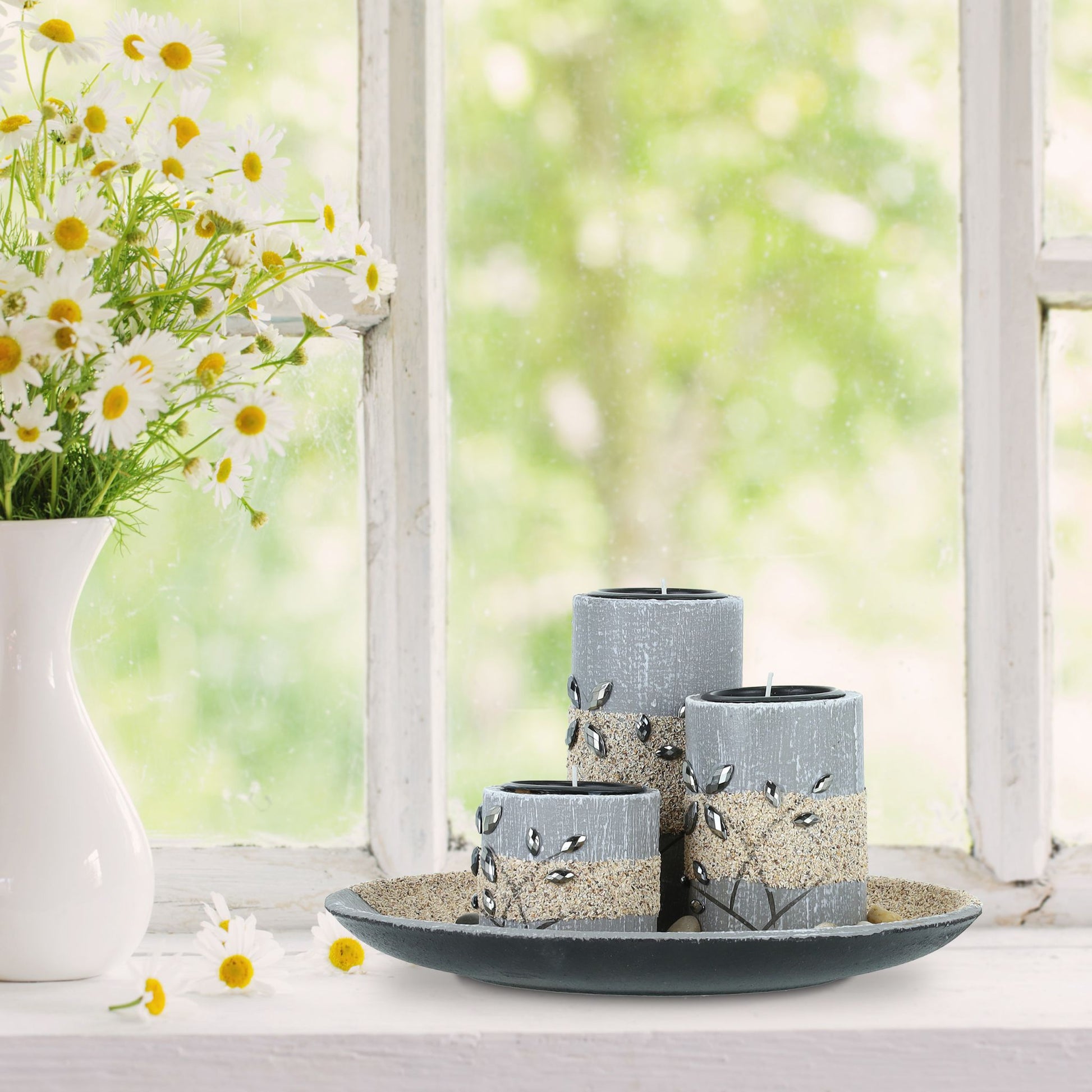 Teelichthalter-Set mit Dekoschale Beige-Schwarz-Grau von Relaxdays