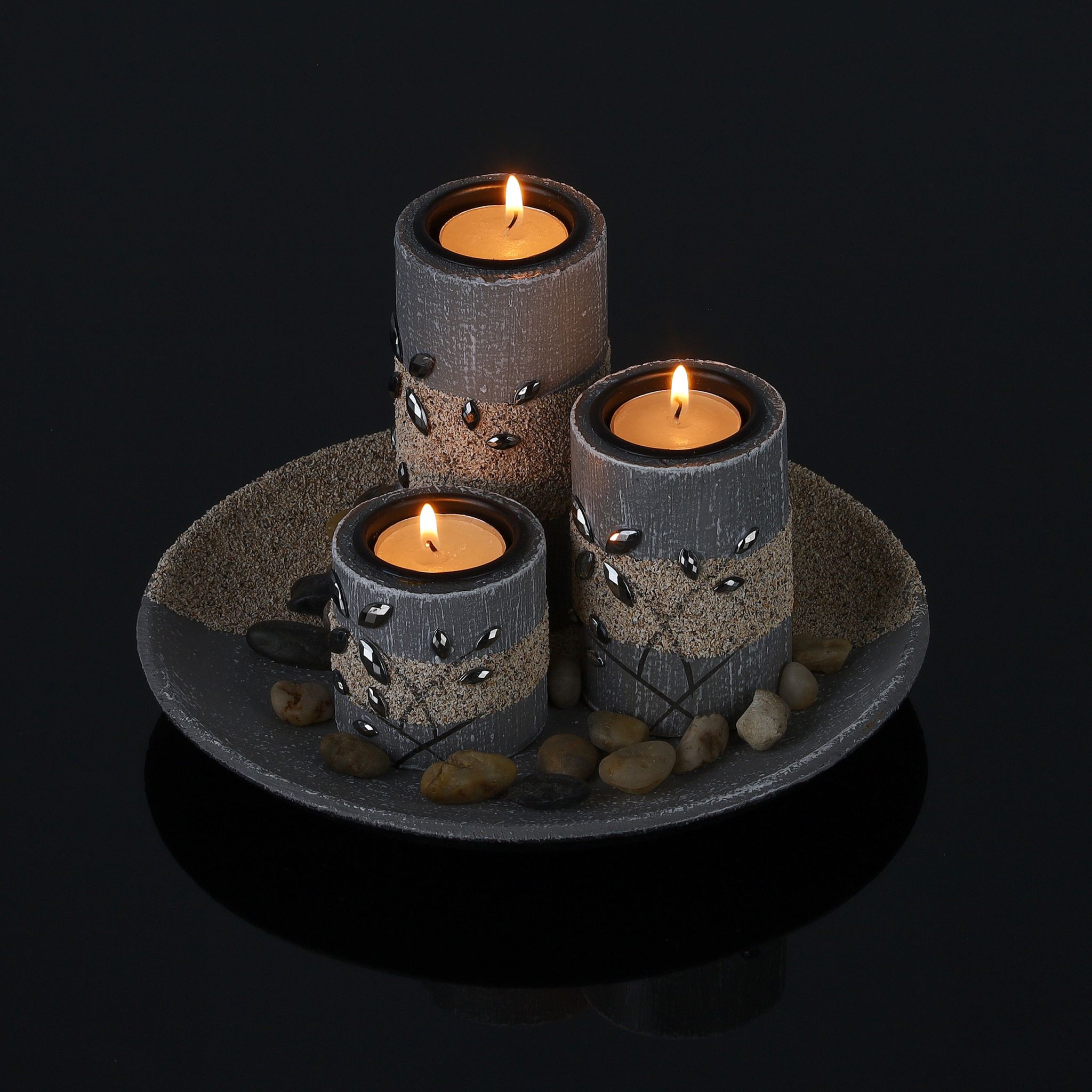 Teelichthalter-Set mit Dekoschale Beige-Schwarz-Grau von Relaxdays