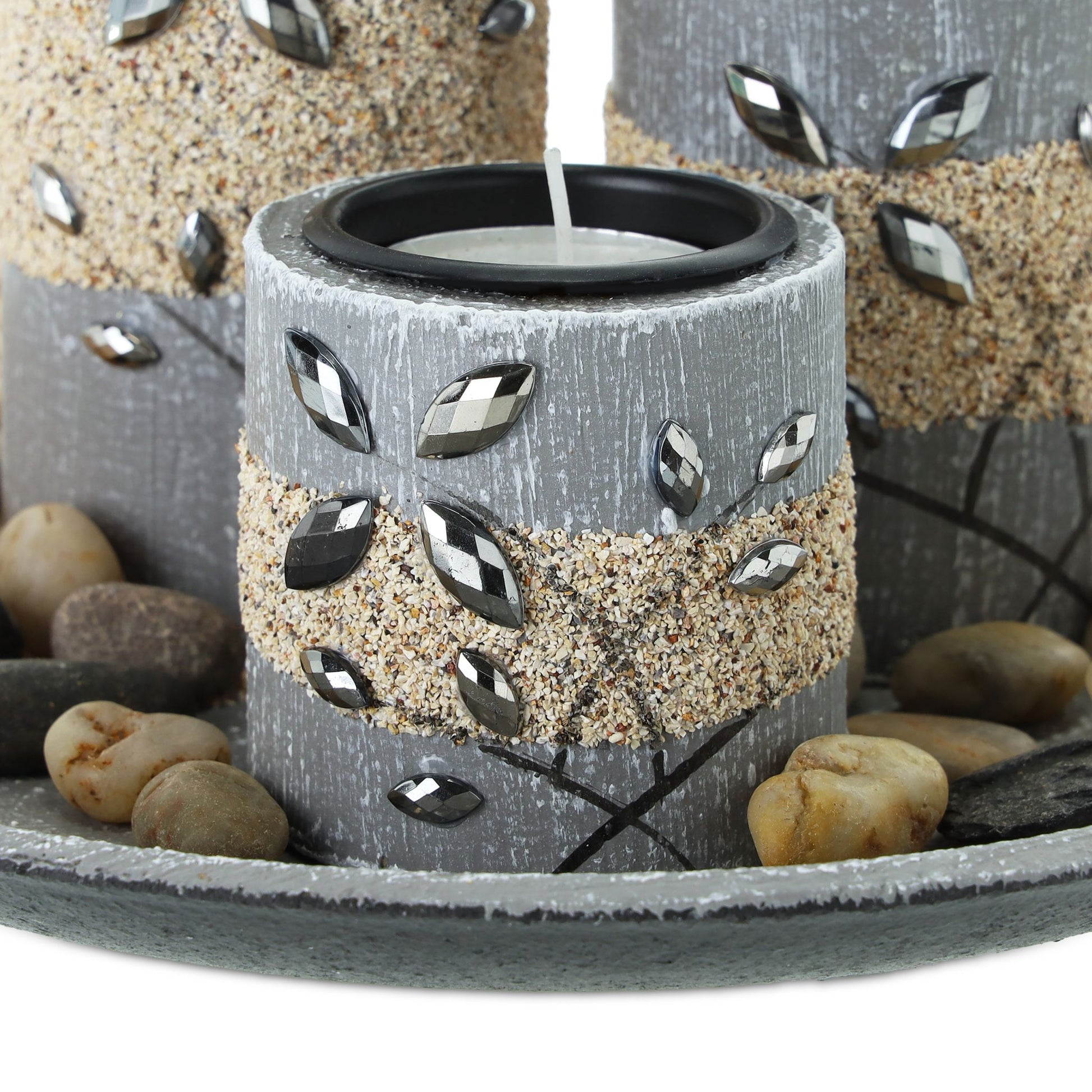 Teelichthalter-Set mit Dekoschale Beige-Schwarz-Grau von Relaxdays