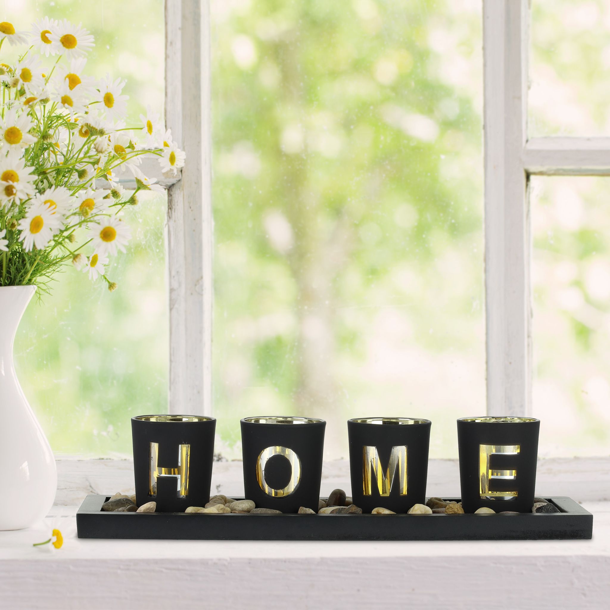 Teelichthalter Home mit Tablett Gold-Schwarz-Grau von Relaxdays