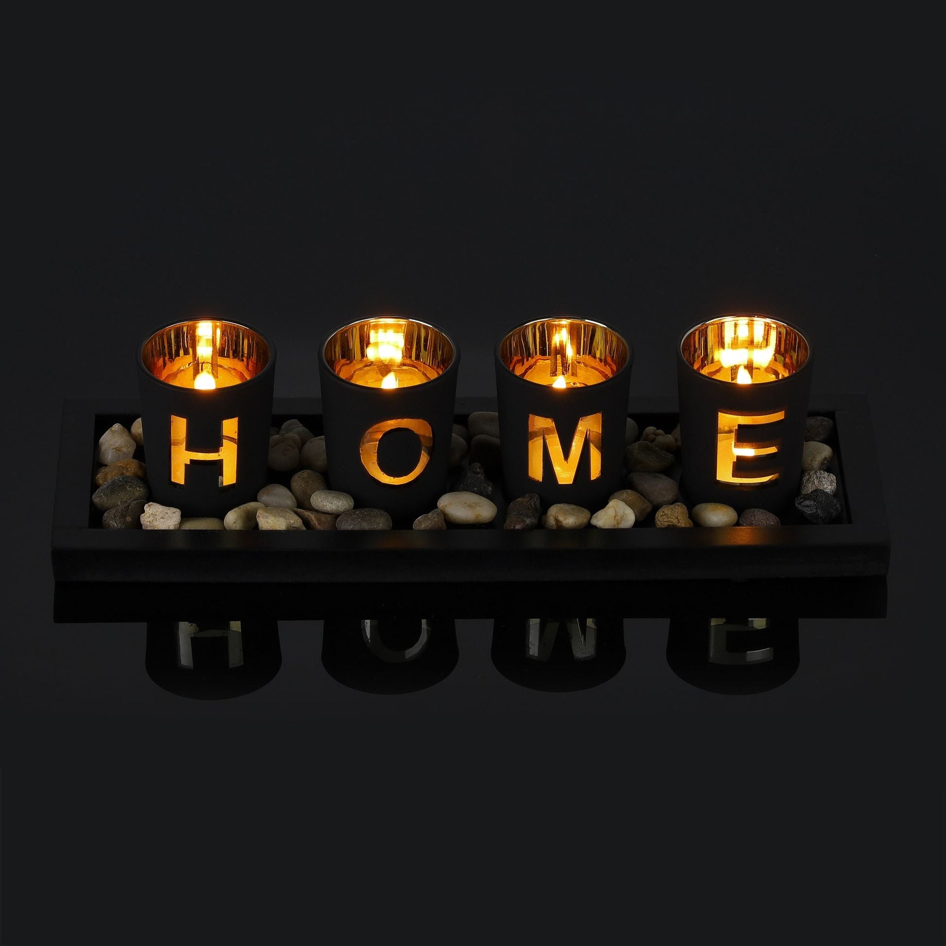 Teelichthalter Home mit Tablett Gold-Schwarz-Grau von Relaxdays