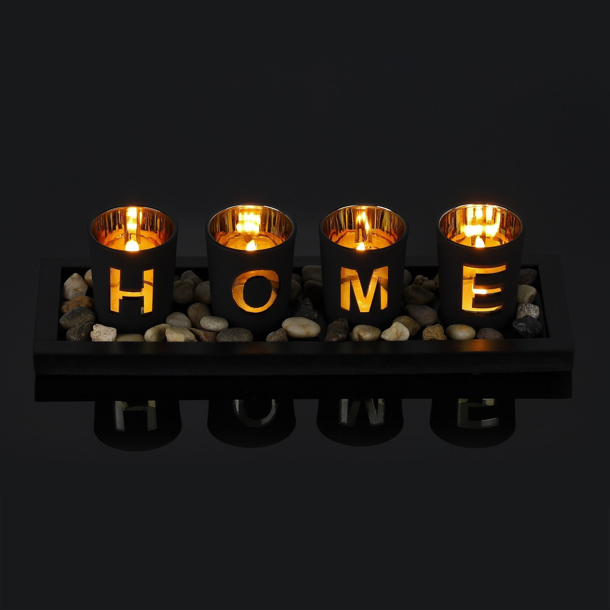 Teelichthalter Home mit Tablett Gold-Schwarz-Grau von Relaxdays