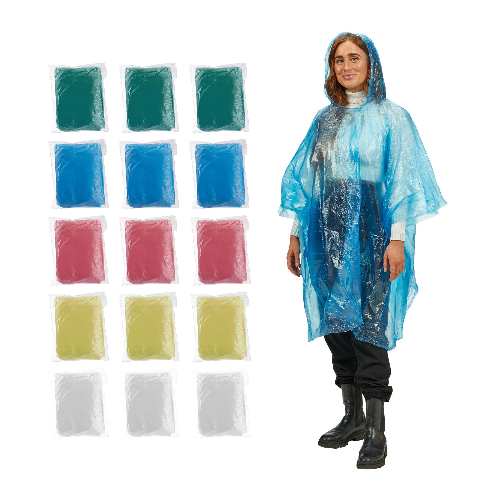 Einweg Regenponcho 15er-Set bunt Blau-Gelb-Rot von Relaxdays