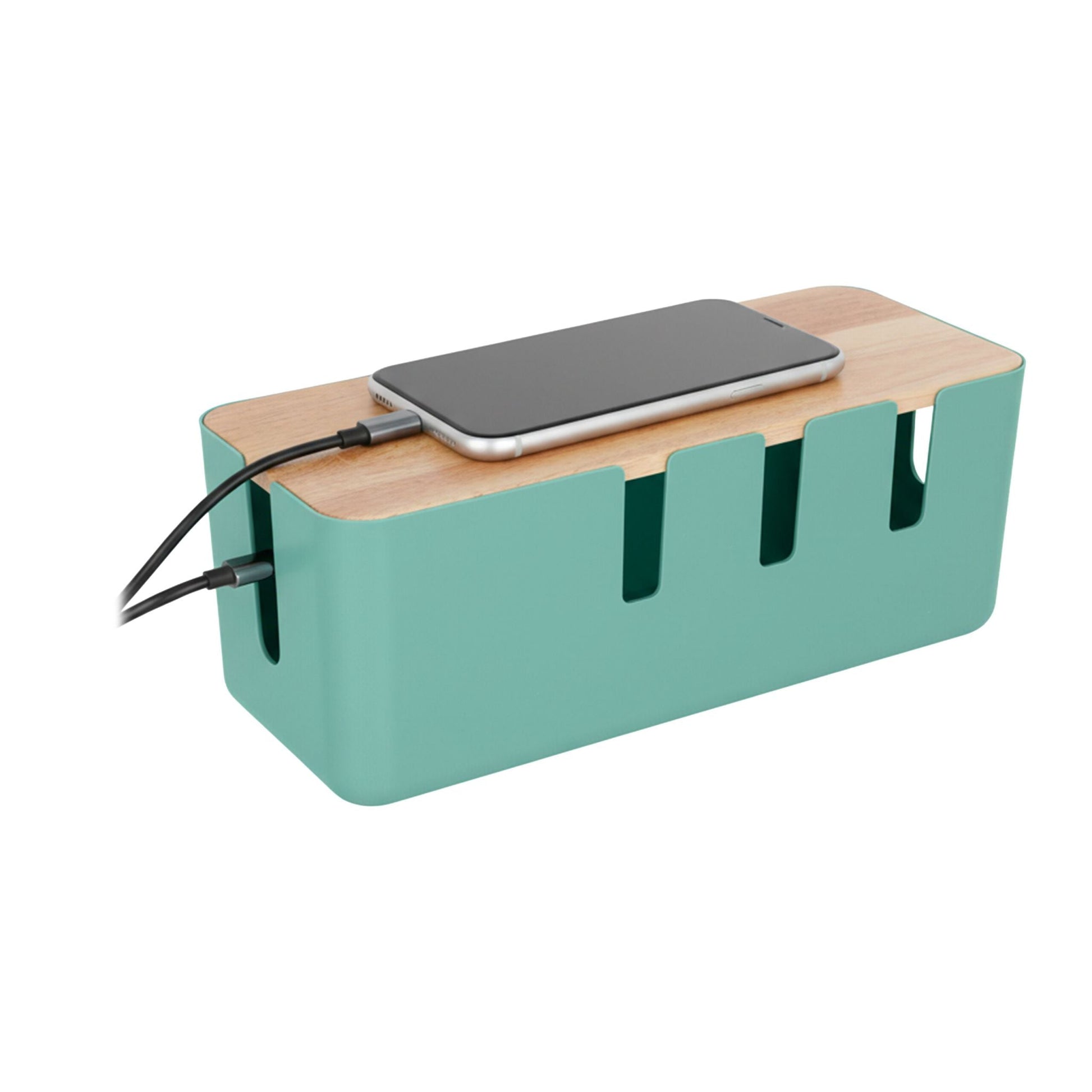 Kabelbox mit Holzdeckel Hellbraun-Türkis von Relaxdays