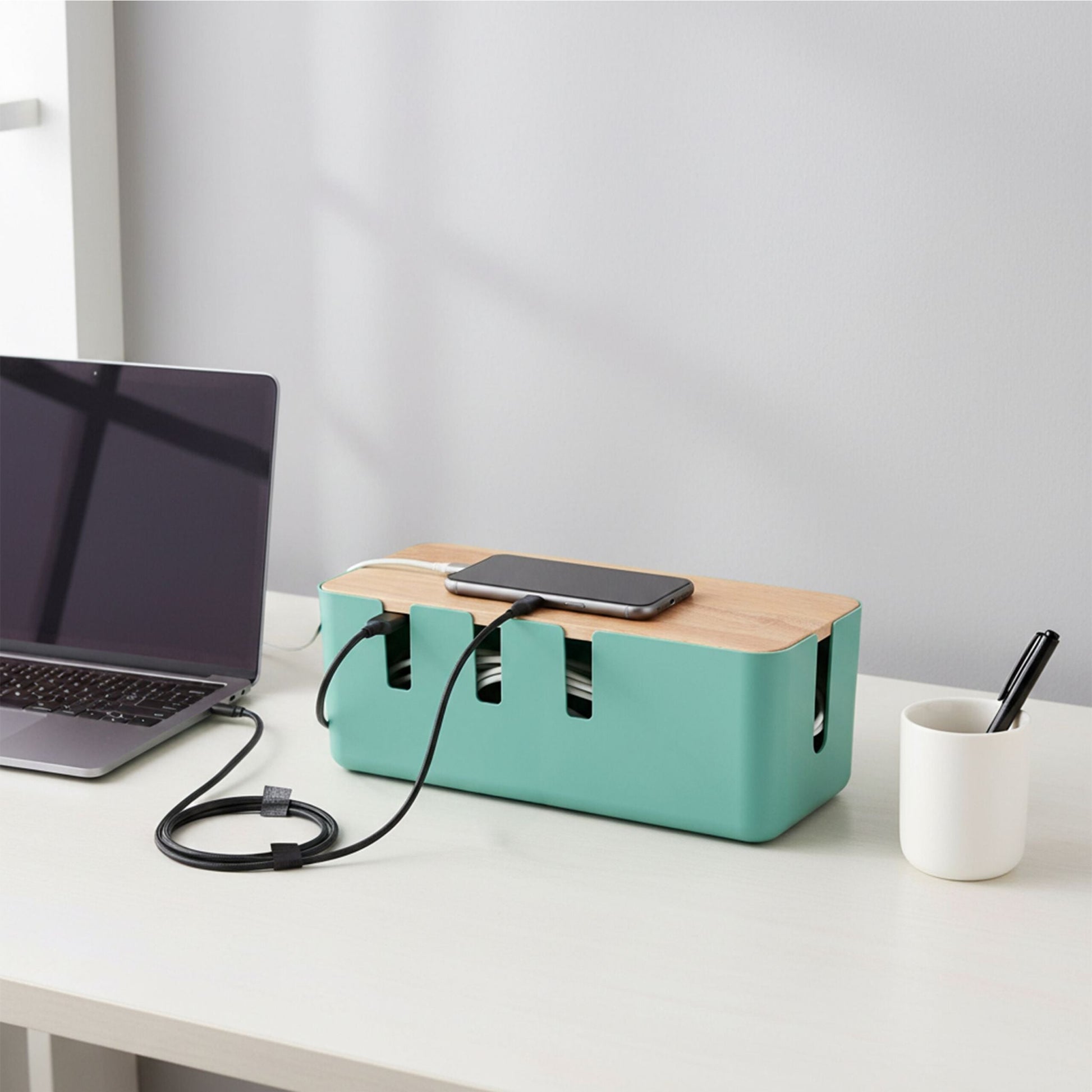 Kabelbox mit Holzdeckel Hellbraun-Türkis von Relaxdays