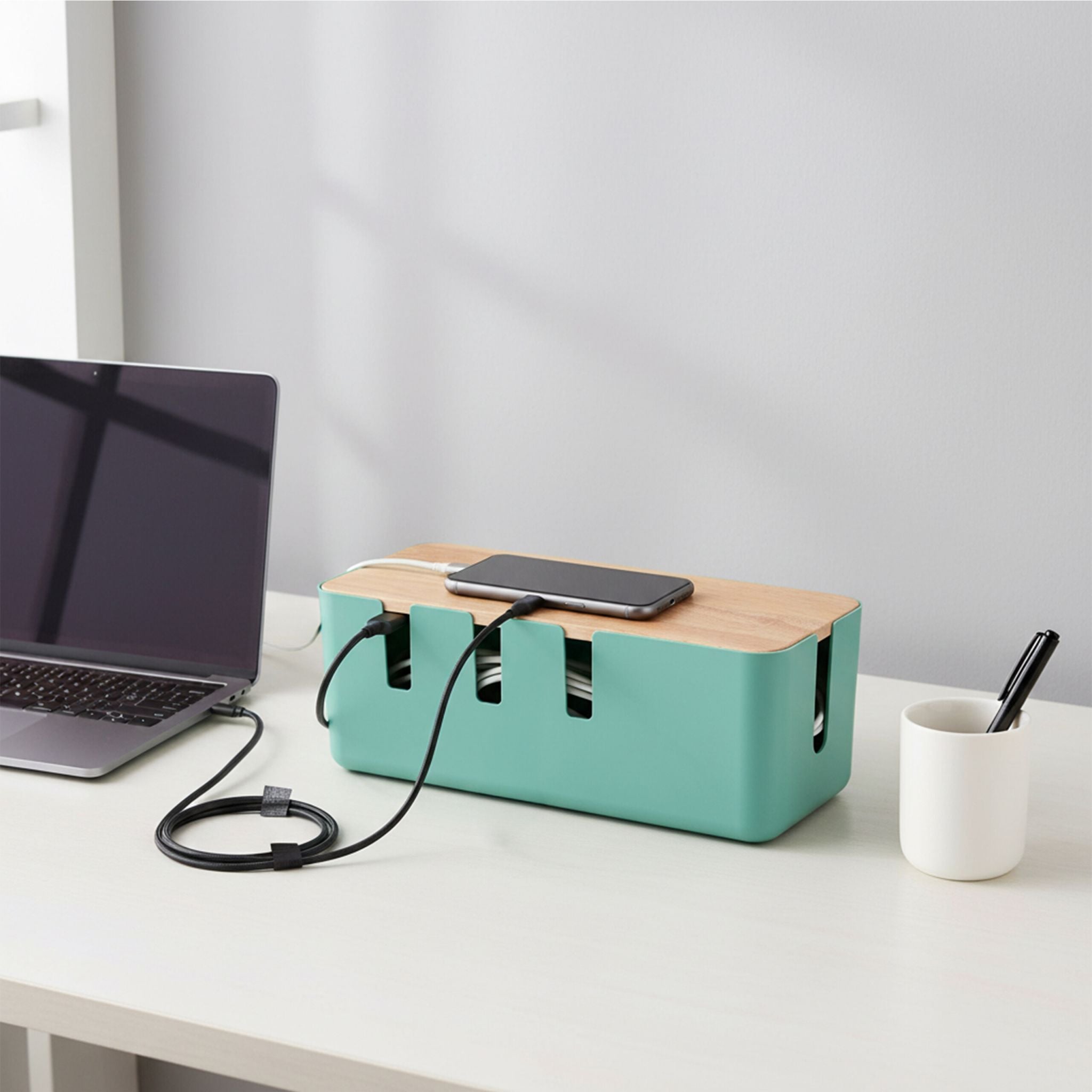 Kabelbox mit Holzdeckel Hellbraun-Türkis von Relaxdays