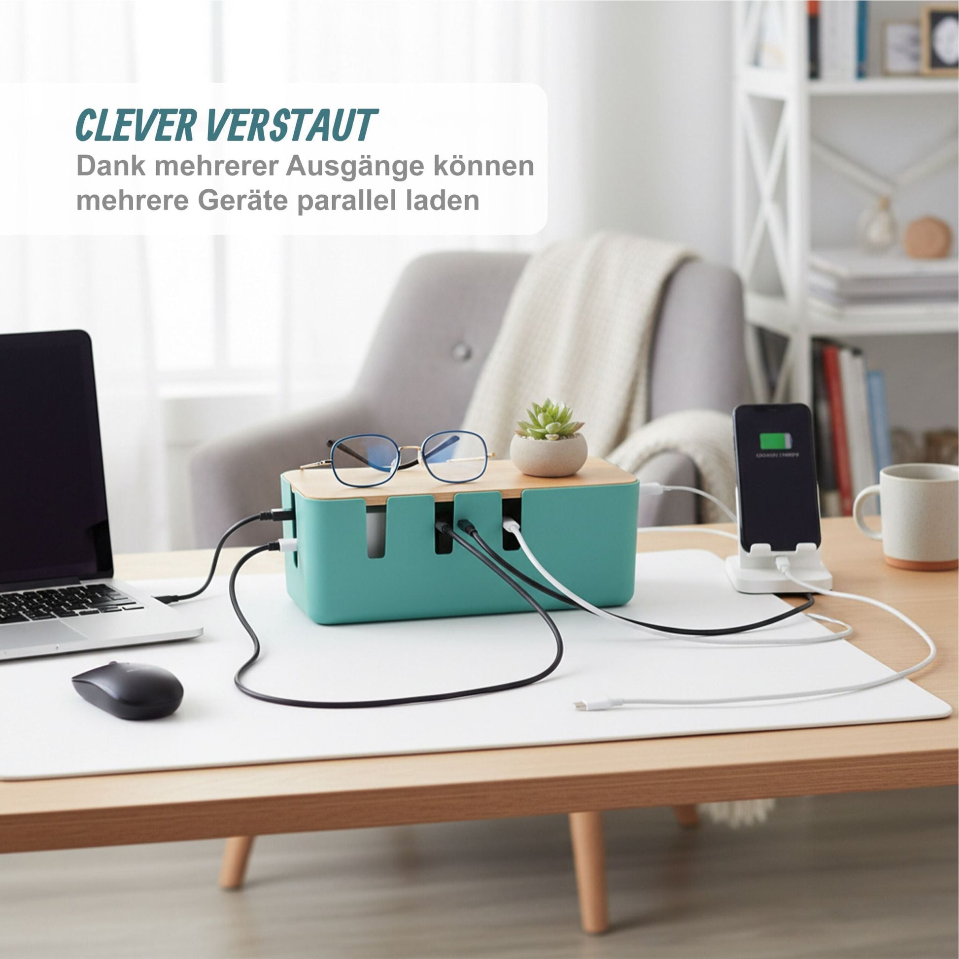 Kabelbox mit Holzdeckel Hellbraun-Türkis von Relaxdays