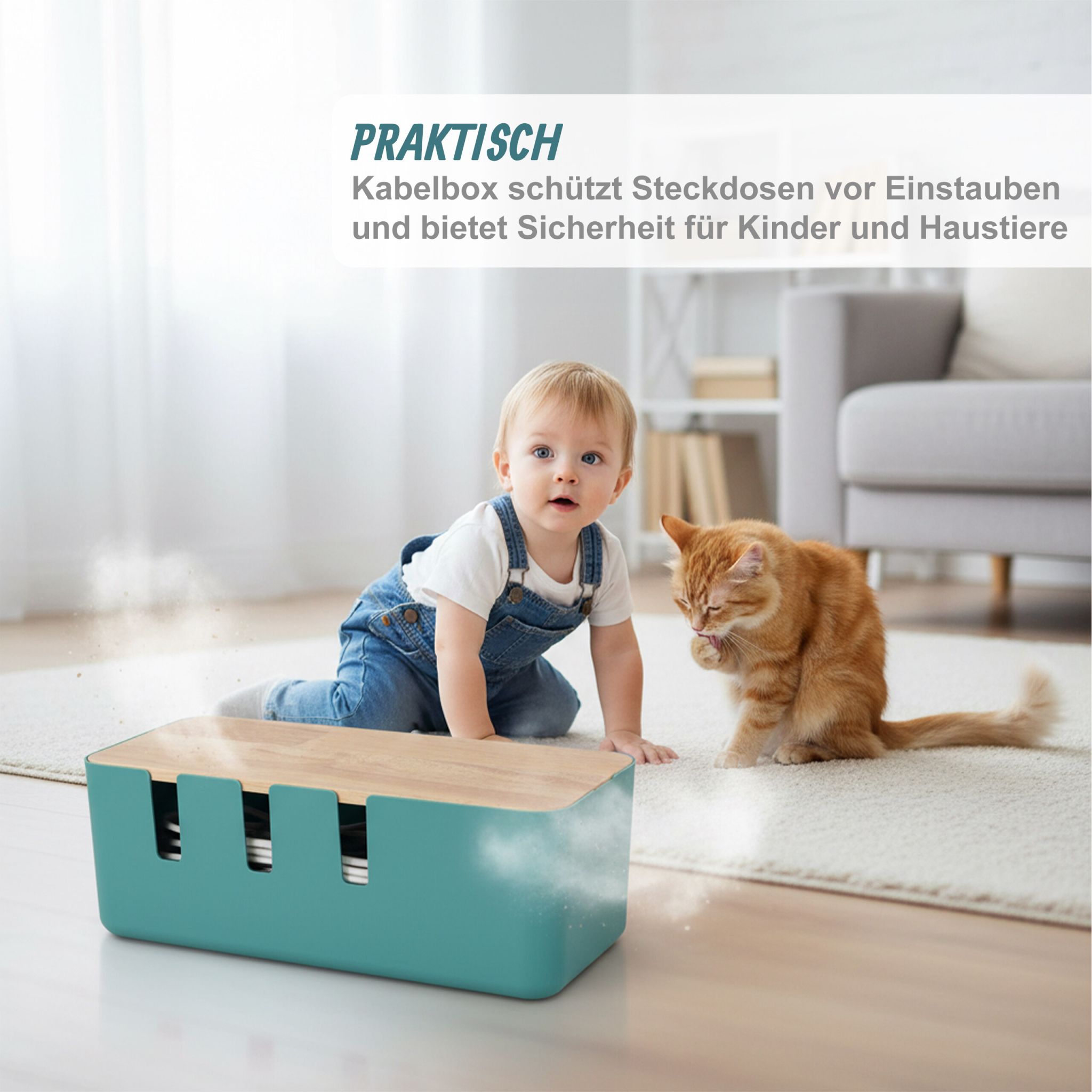 Kabelbox mit Holzdeckel Hellbraun-Türkis von Relaxdays