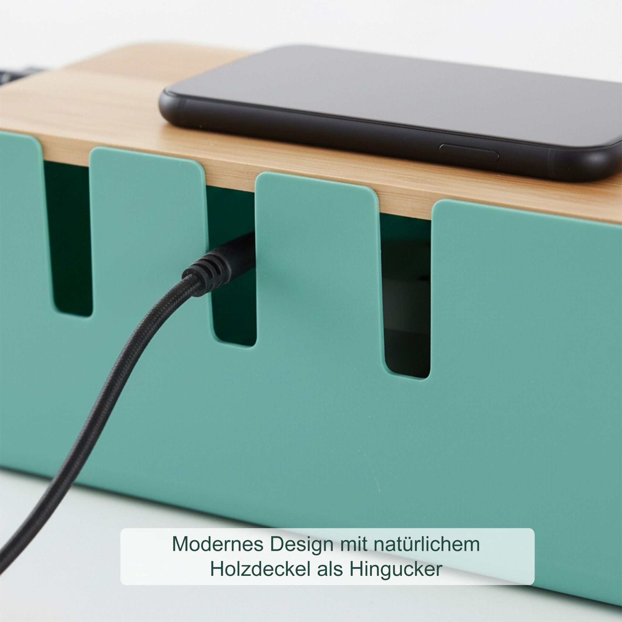 Kabelbox mit Holzdeckel Hellbraun-Türkis von Relaxdays