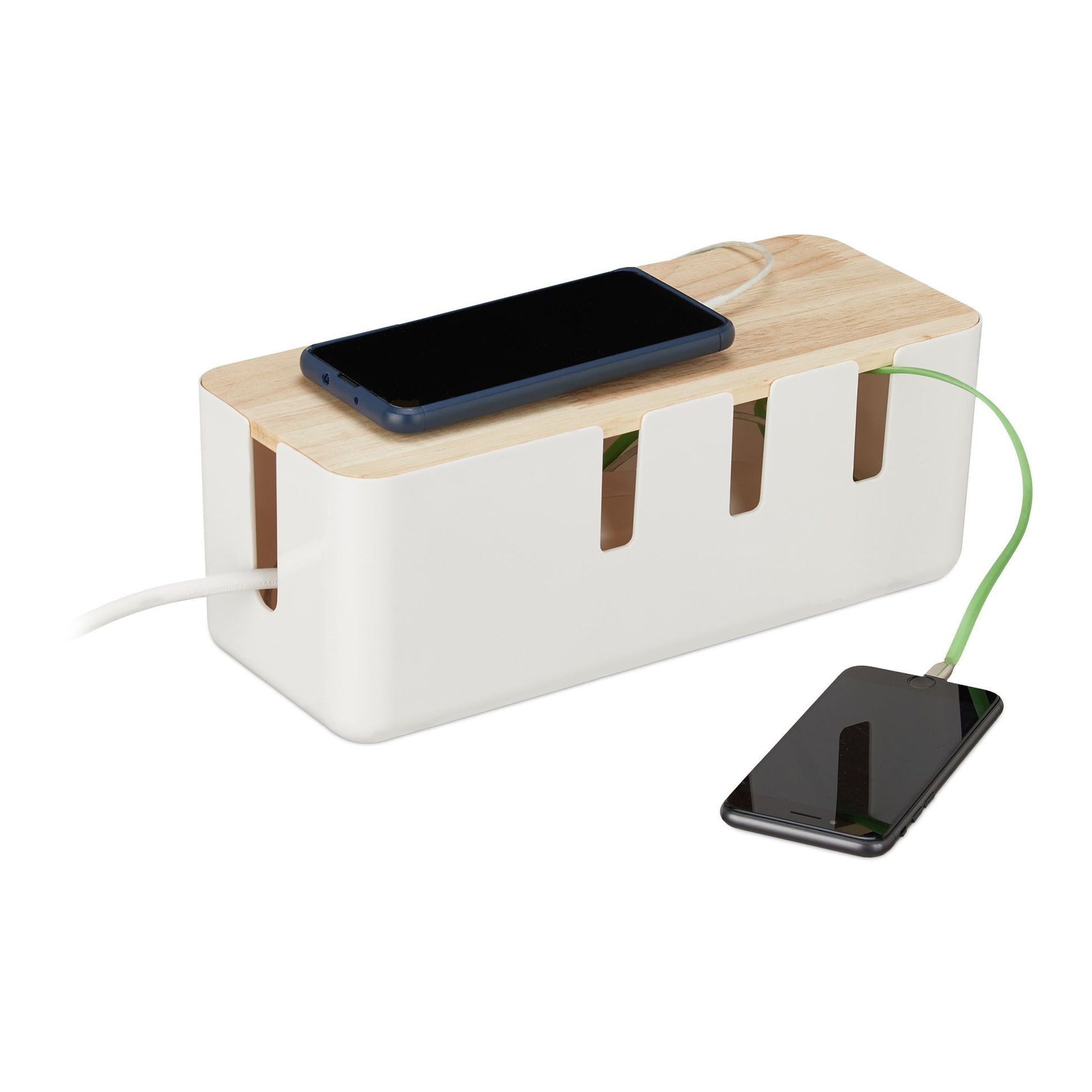 Kabelbox mit Holzdeckel Weiss-Hellbraun von Relaxdays