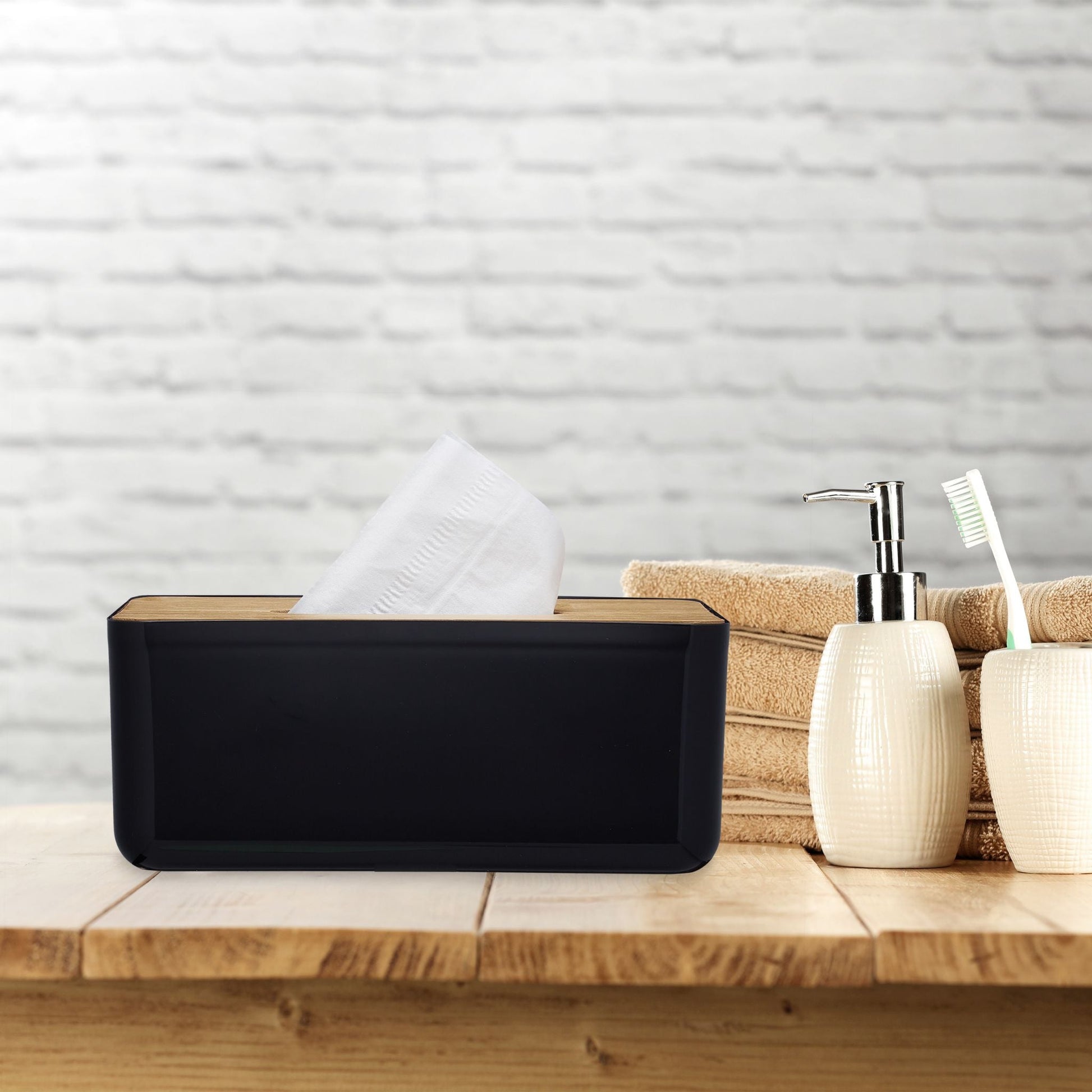 Kosmetiktücher Box mit Holz-Deckel Hellbraun-Schwarz von Relaxdays
