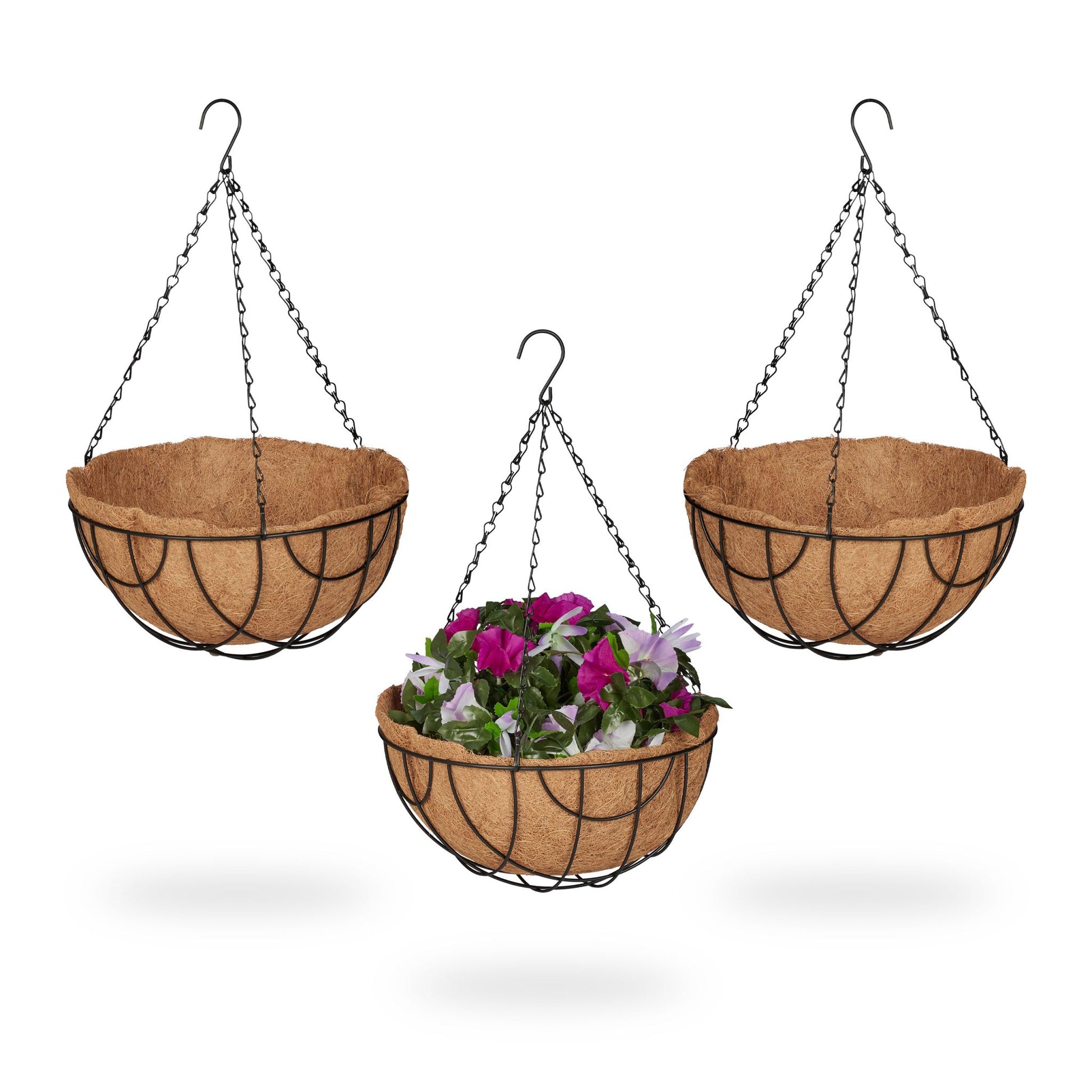 Blumenampel 3er-Set mit Kokoseinlage Hellbraun-Schwarz von Relaxdays