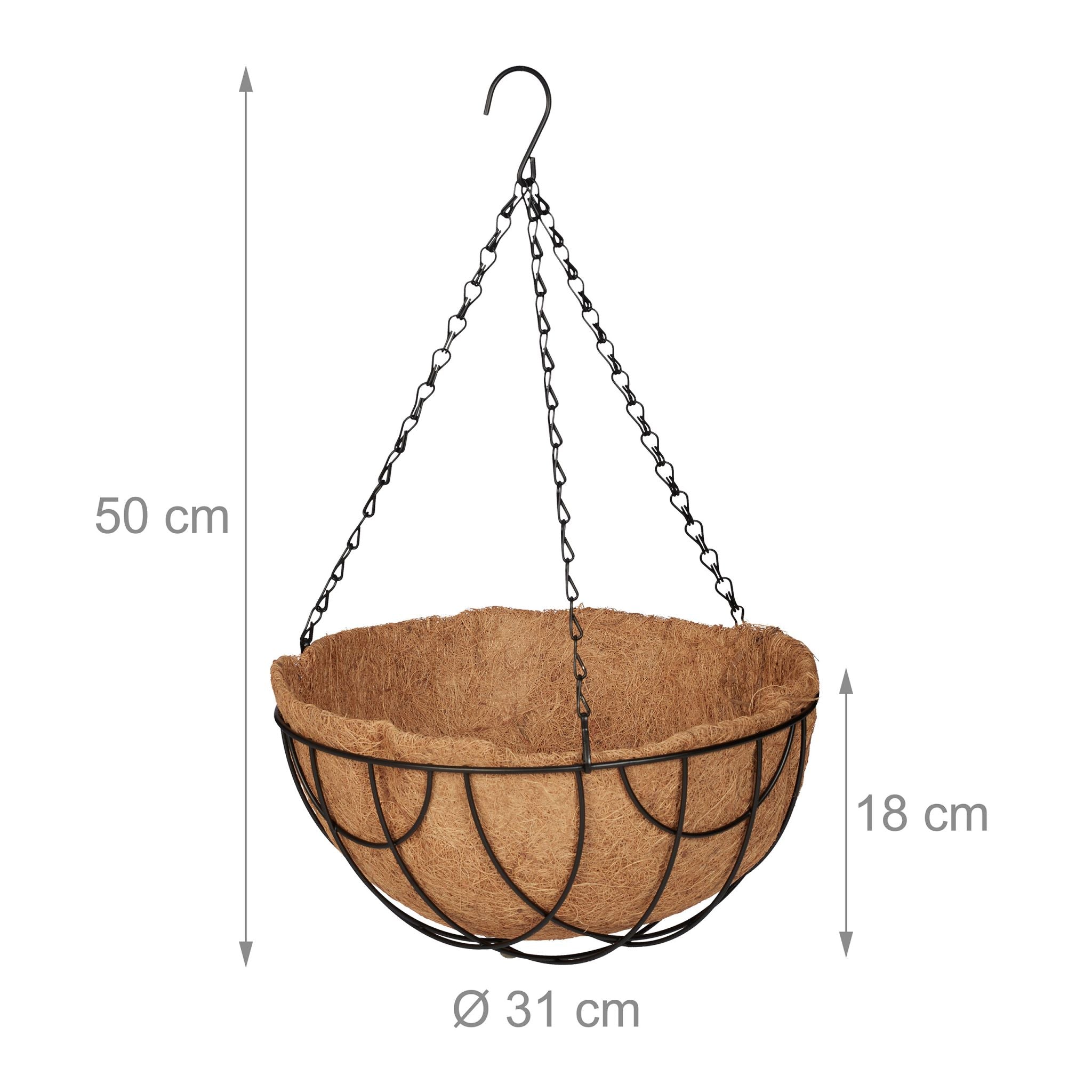 Blumenampel 3er-Set mit Kokoseinlage Hellbraun-Schwarz von Relaxdays